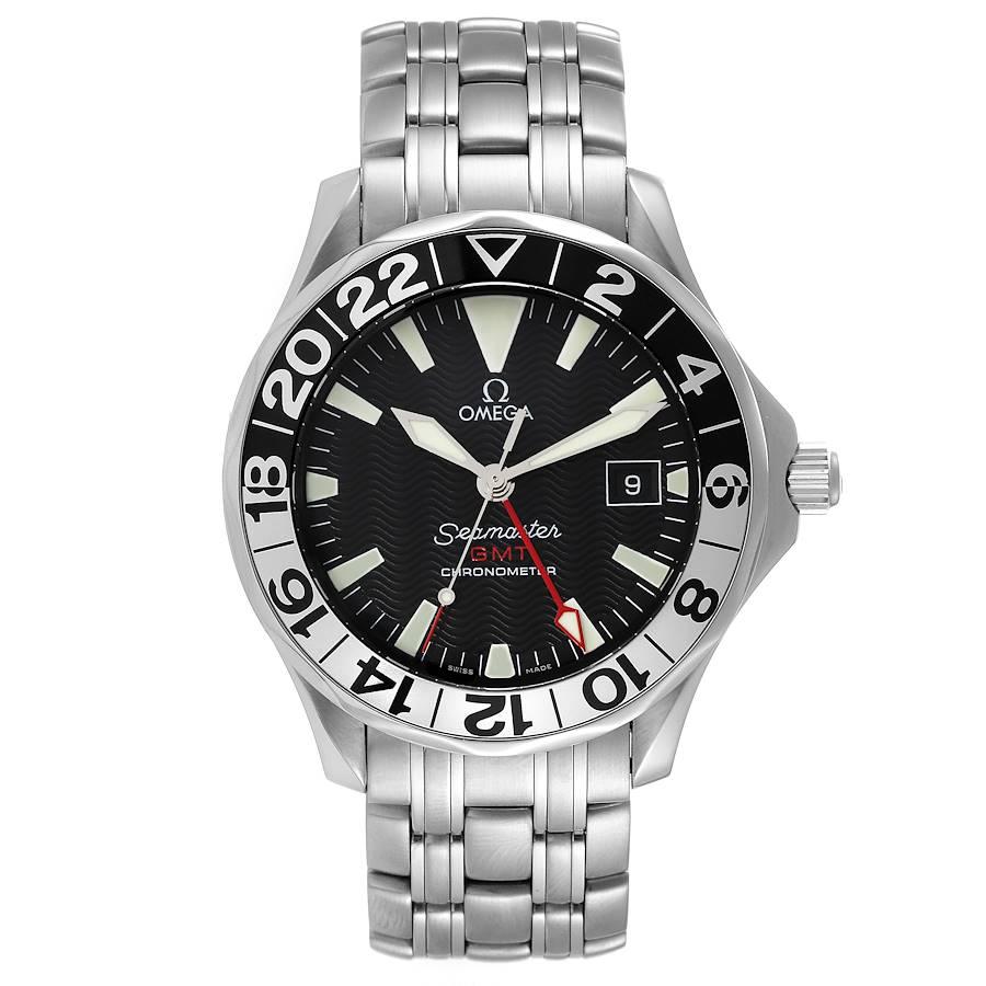 Omega Seamaster GMT 50th Anniversary Steel Mens Watch 2534.50.00. Officially certified chronometer automatic self-winding movement. Brushed and polished stainless steel case 41 mm in diameter. Omega logo on the crown. Black and silver 24 hour