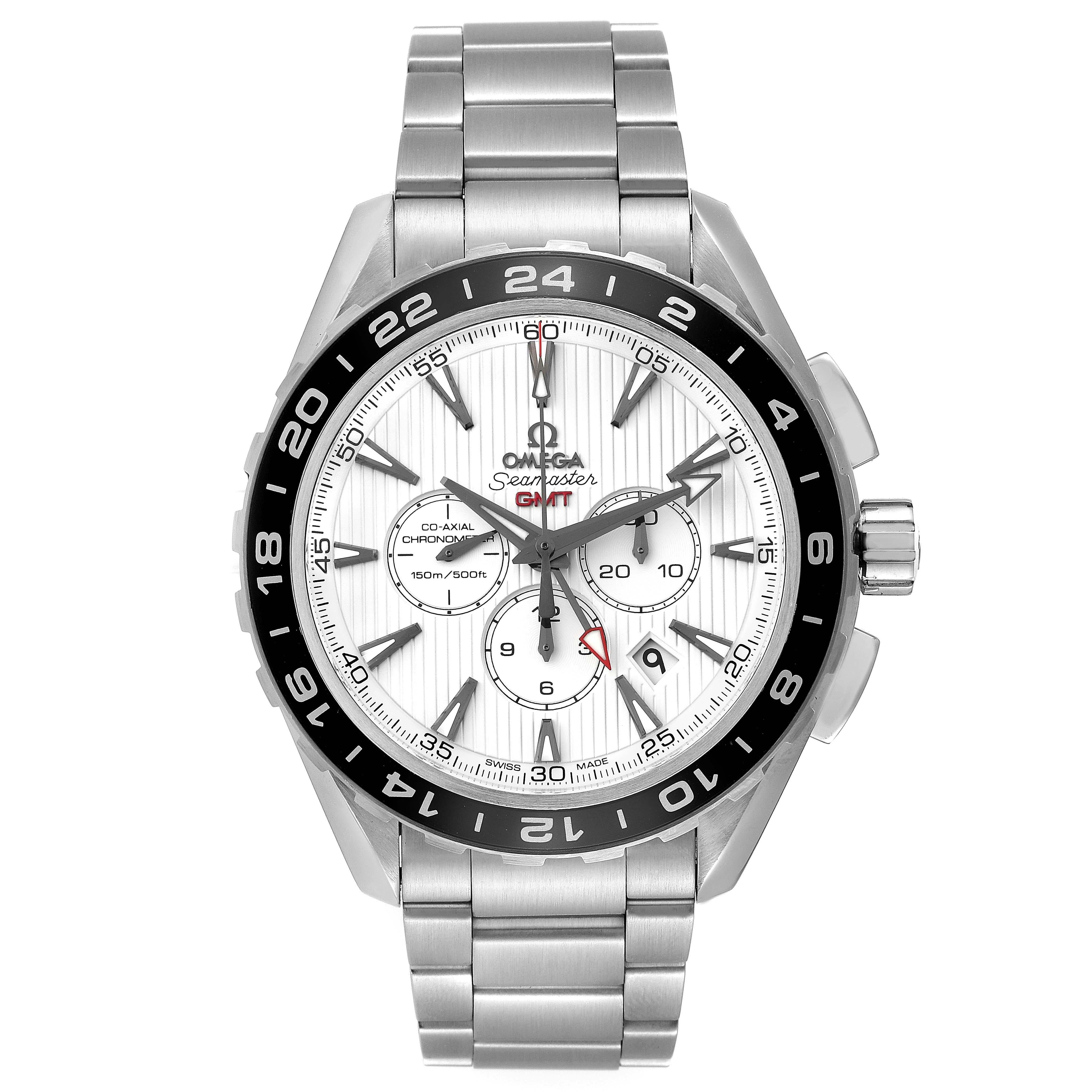 Omega Seamaster GMT Chronograph Steel Mens Watch 231.10.44.52.04.001 Card. Automatic self-winding movement with GMT and chronograph functions. Stainless steel round case 44 mm in diameter. Transparent exhibiton sapphire crystal caseback.