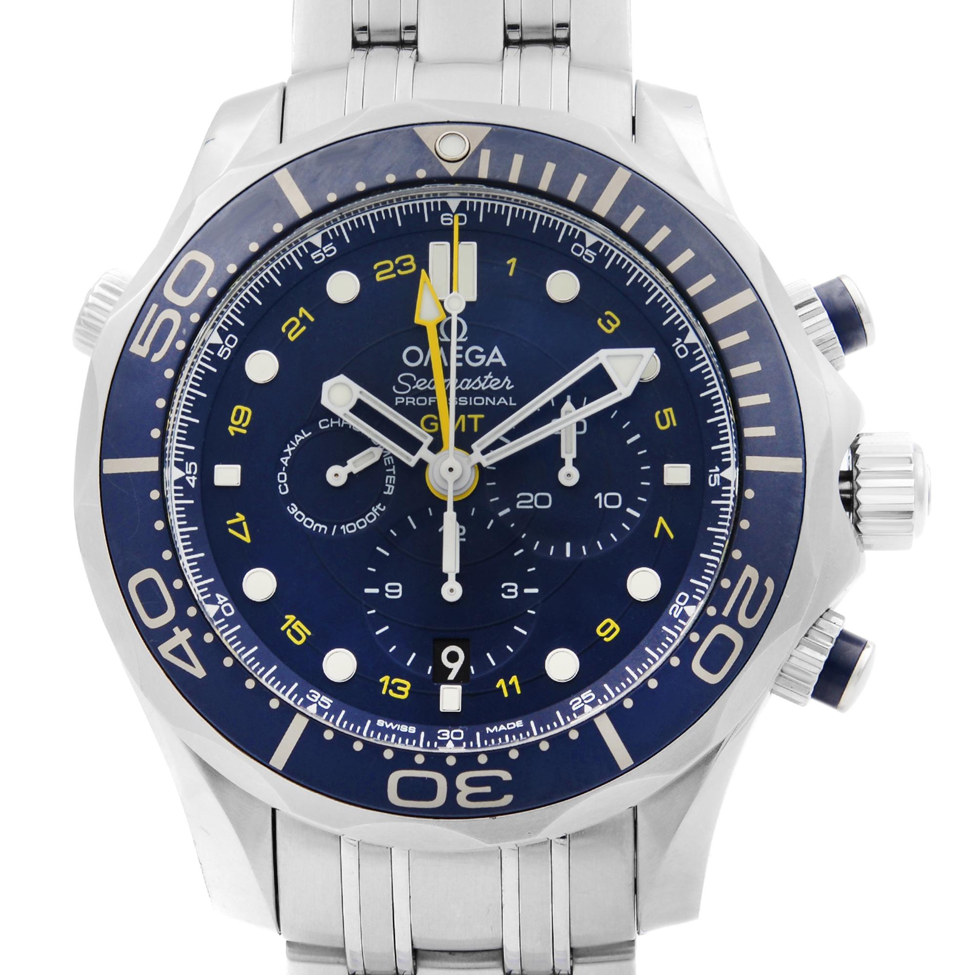 This Pre-Owned Omega Seamaster 212.30.44.52.03.001 is a beautiful men's timepiece that is powered by mechanical (automatic) movement which is cased in a stainless steel case. It has a round shape face, chronograph, GMT, date indicator, small seconds