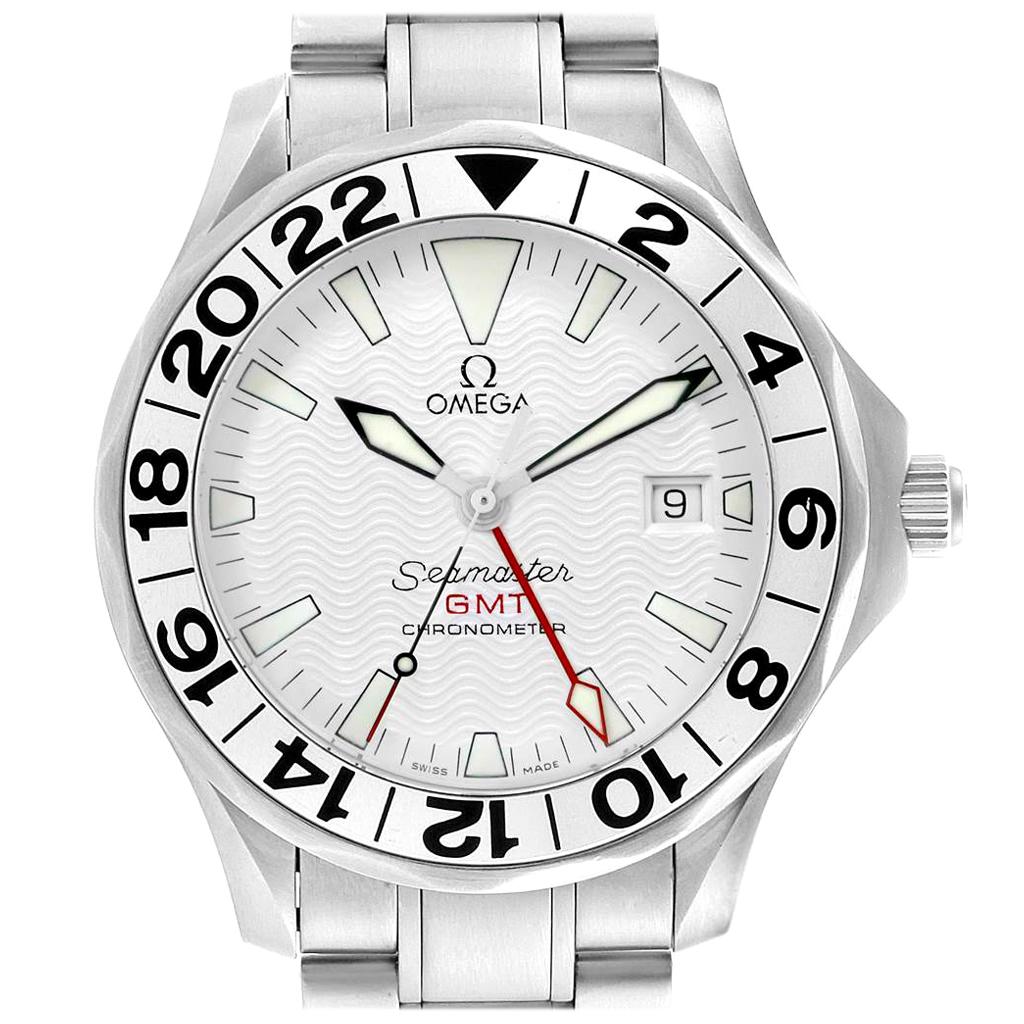 Omega Seamaster GMT White Wave Dial Watch 2538.20.00 Card For Sale