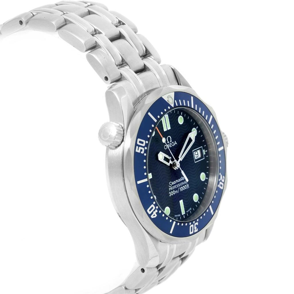 Omega Seamaster James Bond 36 Midsize Blue Wave Dial Watch 2561.80.00. Quartz movement. Stainless steel case 36.25 mm in diameter. Omega logo on a crown. Unidirectional rotating blue bezel. Scratch resistant sapphire crystal. Blue wave decor dial