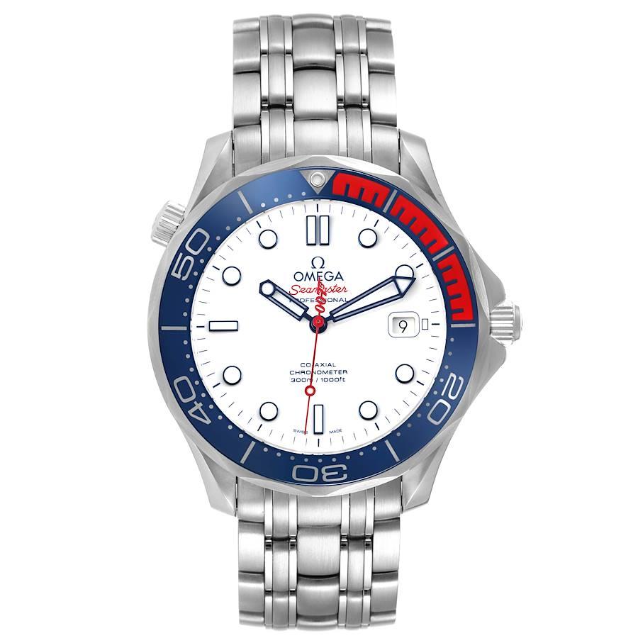 Omega Seamaster James Bond Co-Axial Mens Watch 212.32.41.20.04.001. Automatic chronometer, Co-Axial Escapement movement with rhodium-plated finish. Stainless steel case 41 mm in diameter. Omega logo on a crown. Helium-escape valve at 10 o'clock.