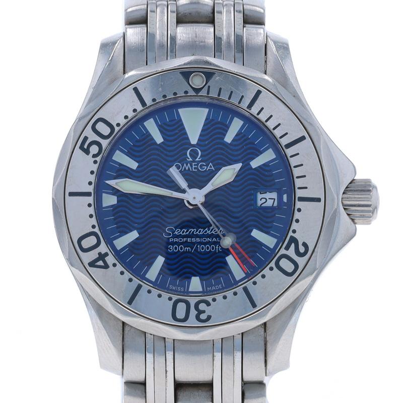 Brand: Omega
Model: Seamaster
Model Number: 2283.80.00
Movement: Quartz
Number of Jewels: 9
Warranty: One Year
Movement Maker: Swiss
Dial Color: Blue

Metal Content: Stainless Steel

Fastening Type: Deployment Clasp
Features: 
Dashes marking the