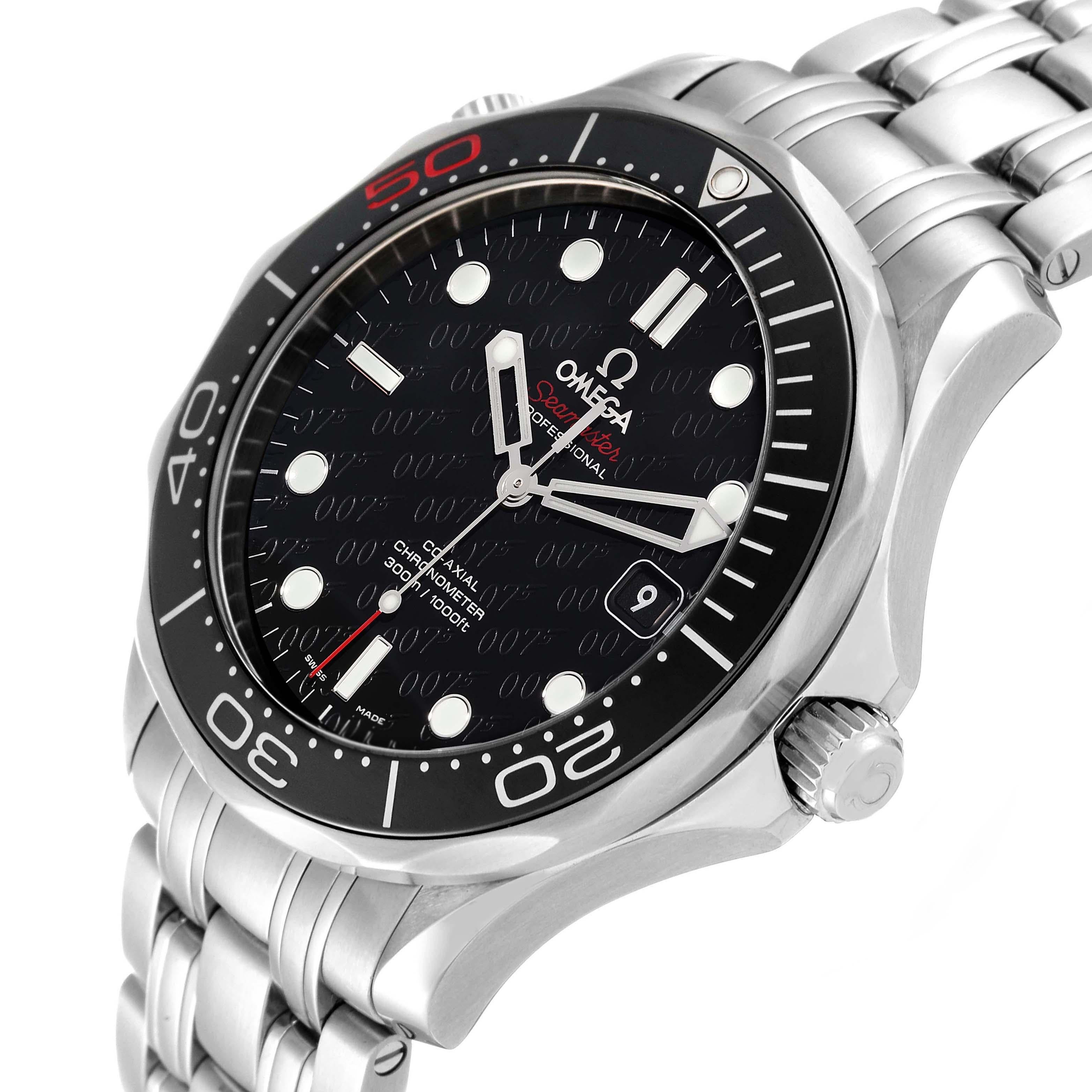 Omega Seamaster Limited Edition Bond 007 Steel Mens Watch 212.30.41.20.01.005 Box Card. Automatic self-winding Co-Axial Escapement-equipped movement with rhodium-plated finish. Power reserve: 48 hours. Stainless Steel case 41.0 mm in diameter. Omega