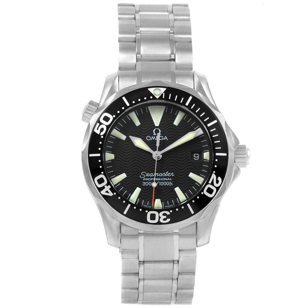 Omega Seamaster Midsize 36 Black Dial Steel Mens Watch 2262.50.00. Quartz movement. Stainless steel round case 36.25 mm in diameter. Black unidirectional rotating bezel. Scratch resistant sapphire crystal. Black wave decor dial with luminous index