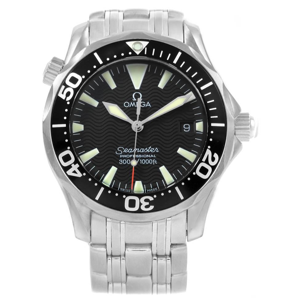Omega Seamaster Midsize 36 Black Dial Steel Mens Watch 2262.50.00. Quartz movement. Stainless steel round case 36.25 mm in diameter. Black unidirectional rotating bezel. Scratch resistant sapphire crystal. Black wave decor dial with luminous index