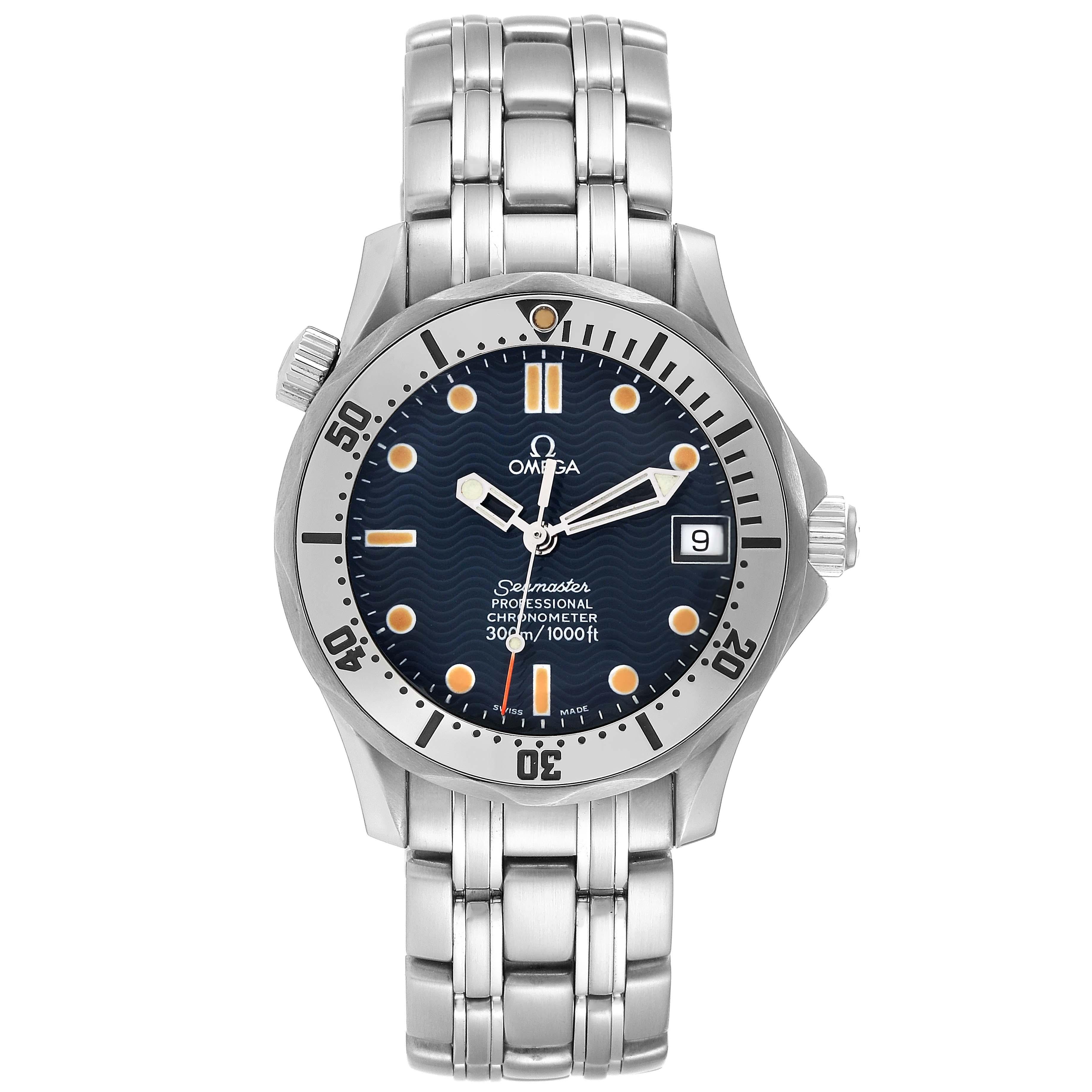 Omega Seamaster Midsize 36 Blue Dial Steel Mens Watch 2552.80.00. Automatic self-winding movement. Stainless steel case 36.25 mm in diameter. Omega logo on crown. Stainless steel unidirectional rotating bezel. Scratch resistant sapphire crystal.