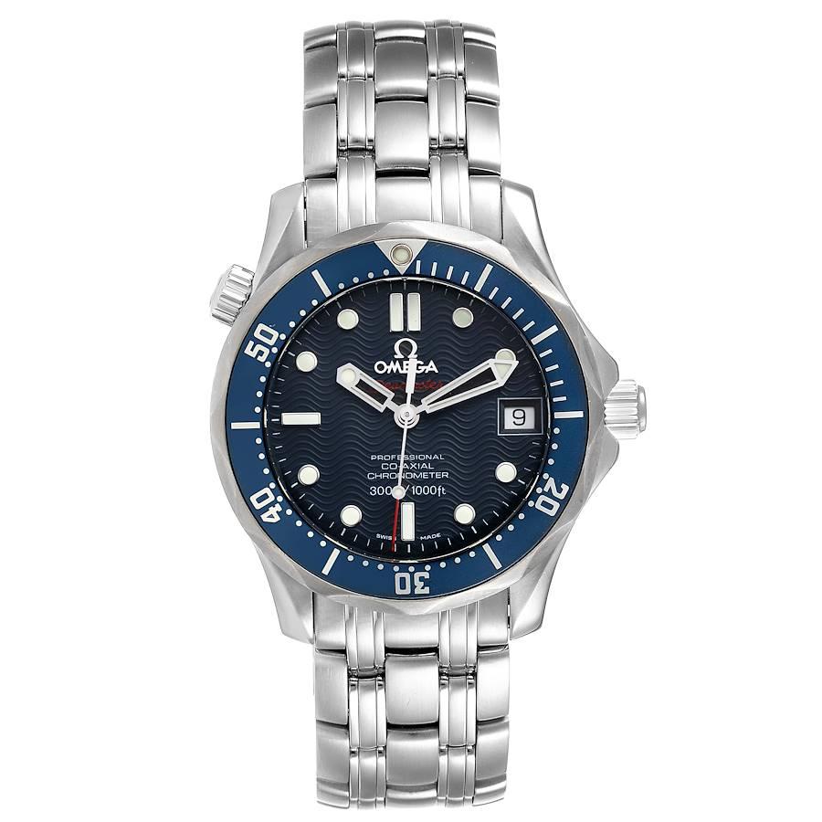 Omega Seamaster Midsize 36mm Co-Axial Blue Dial Watch 2222.80.00 Box Card. Automatic self-winding co-axial movement. Stainless steel case 36.25 mm in diameter. Omega logo on a crown. Unidirectional rotating blue bezel. Domed anti-reflective