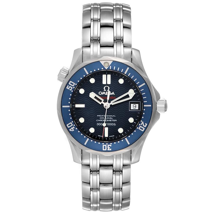 Omega Seamaster Midsize 36mm Co-Axial Blue Dial Watch 2222.80.00 Box Card. Automatic self-winding co-axial movement. Stainless steel case 36.25 mm in diameter. Omega logo on a crown. Unidirectional rotating blue bezel. Domed anti-reflective