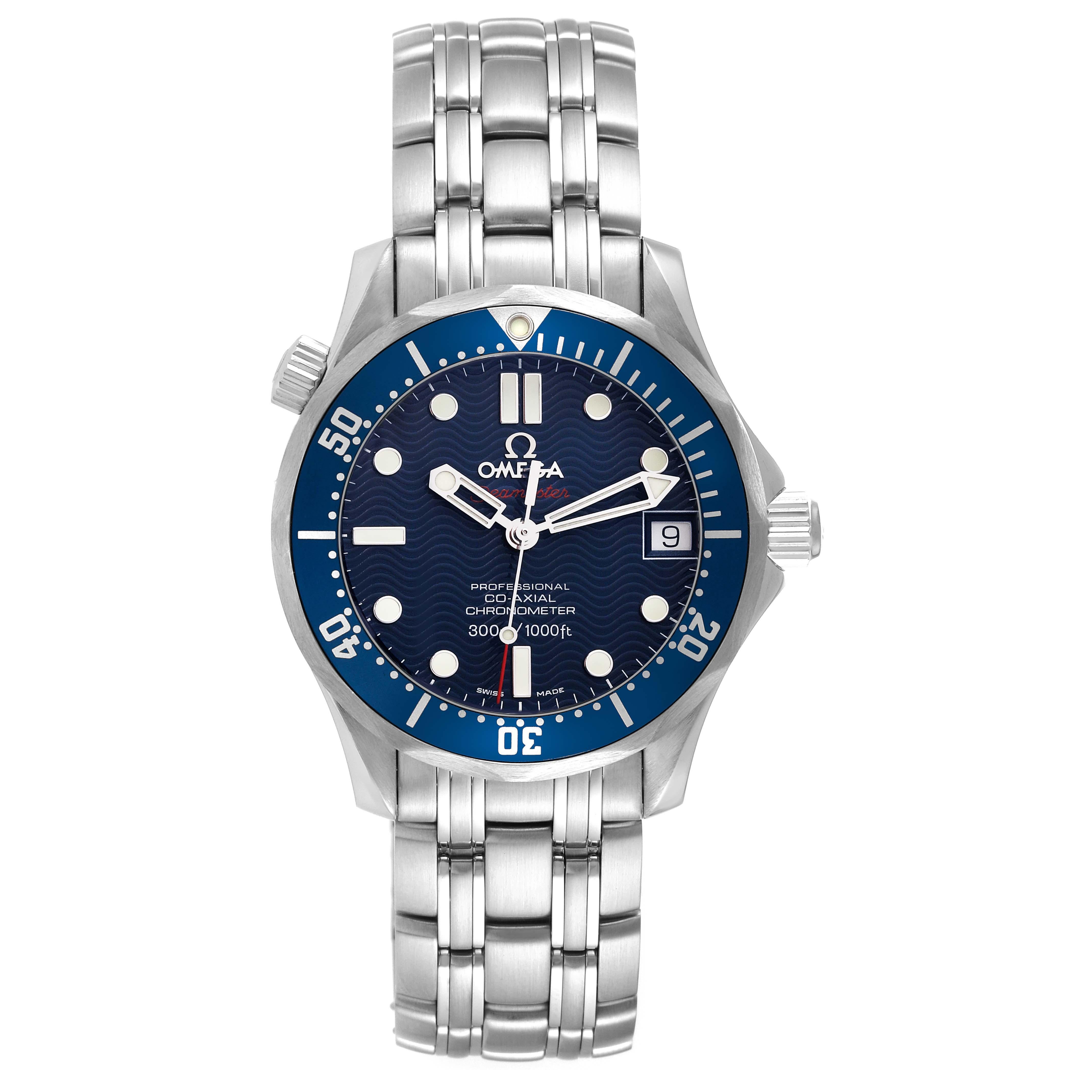 Omega Seamaster Midsize 36mm Co-Axial Steel Mens Watch 2222.80.00 Box Card. Automatic self-winding Co-Axial movement. Stainless steel case 36mm in diameter. Helium escape valve at 10 o'clock. Omega logo on the crown. Unidirectional rotating bezel