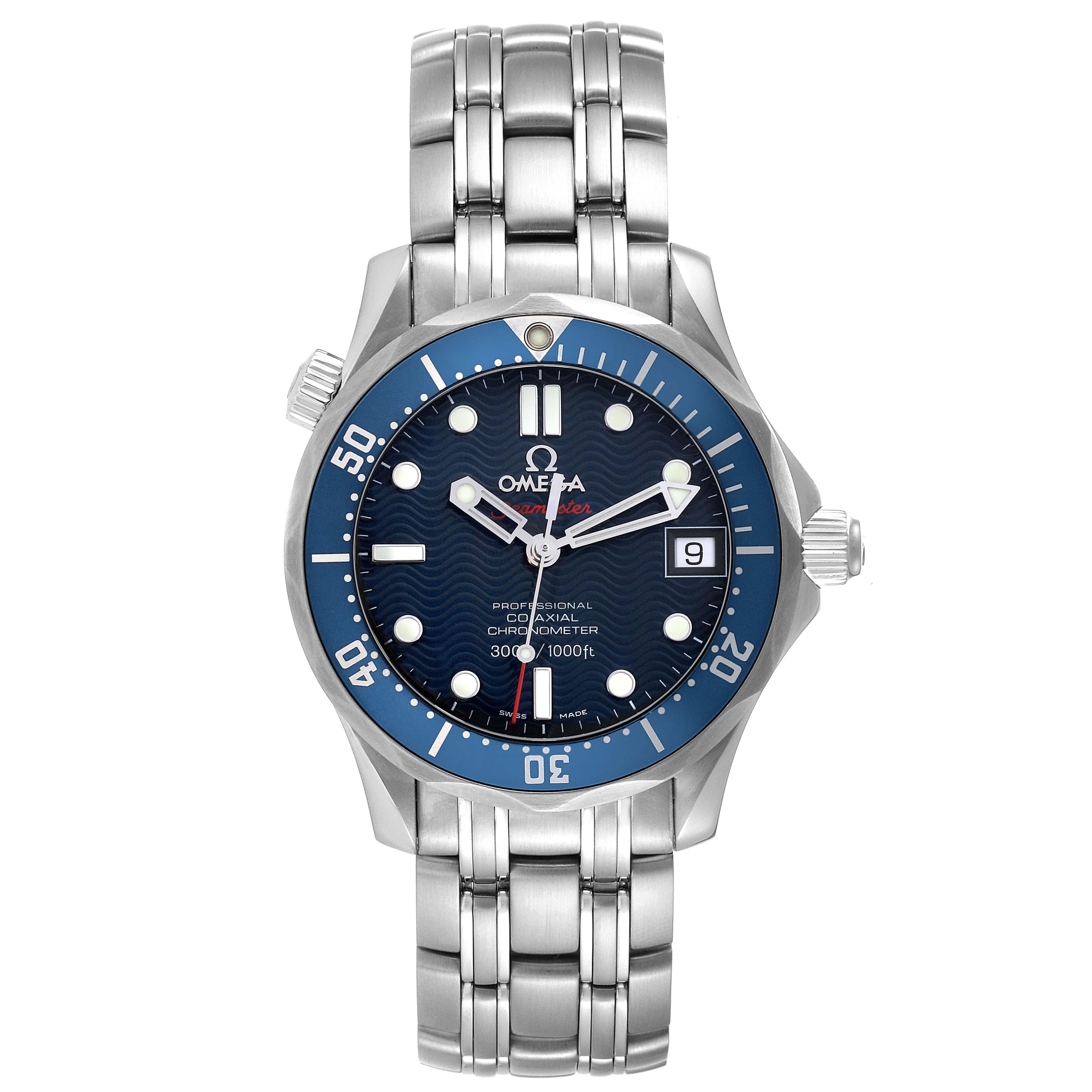 Omega Seamaster Midsize 36mm Co-Axial Steel Mens Watch 2222.80.00 Card. Automatic self-winding Co-Axial movement. Stainless steel case 36mm in diameter. Helium escape valve at 10 o'clock. Omega logo on the crown. Unidirectional rotating bezel with