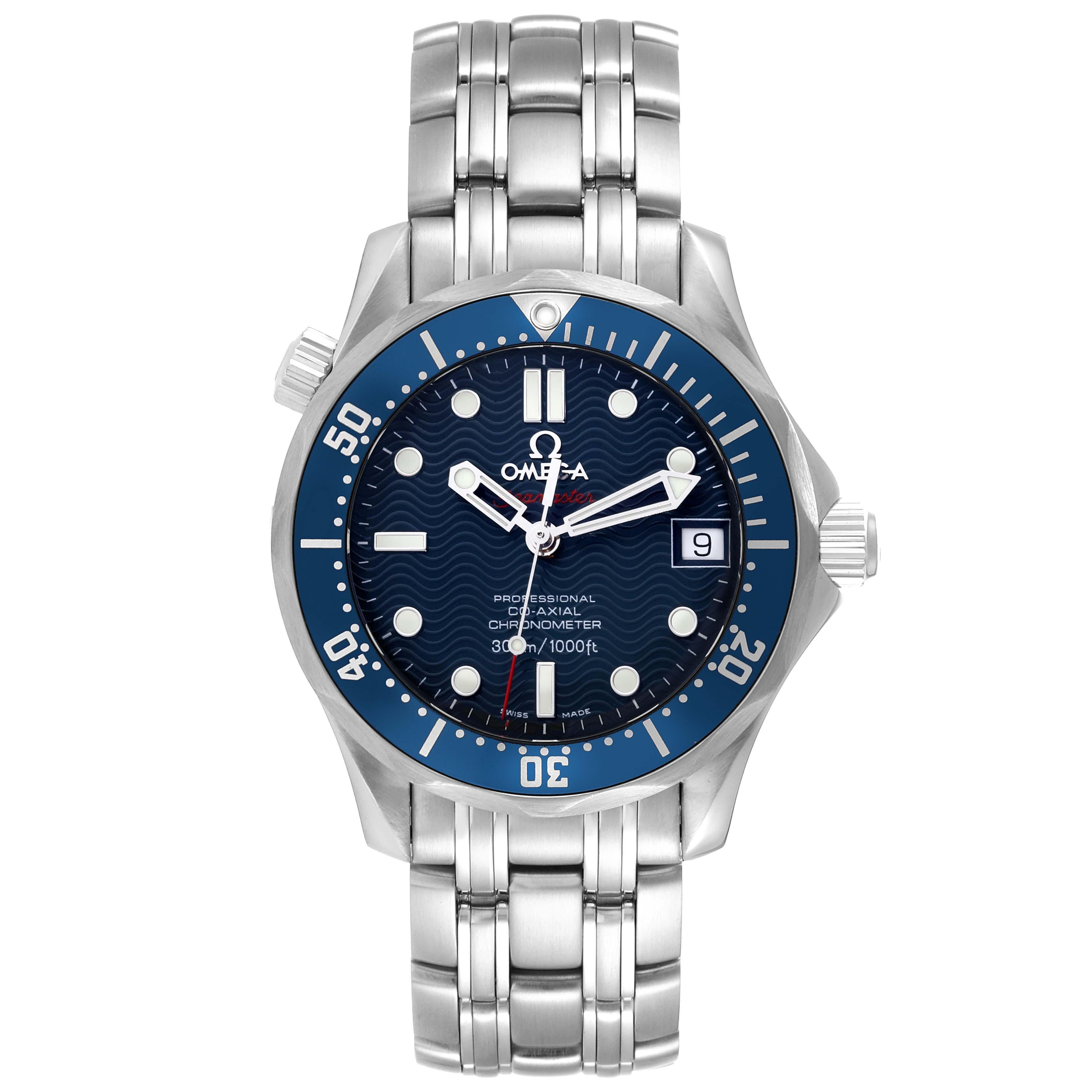Omega Seamaster Midsize 36mm Co-Axial Steel Mens Watch 2222.80.00. Automatic self-winding Co-Axial movement. Stainless steel case 36mm in diameter. Helium escape valve at 10 o'clock. Omega logo on the crown. Unidirectional rotating bezel with blue