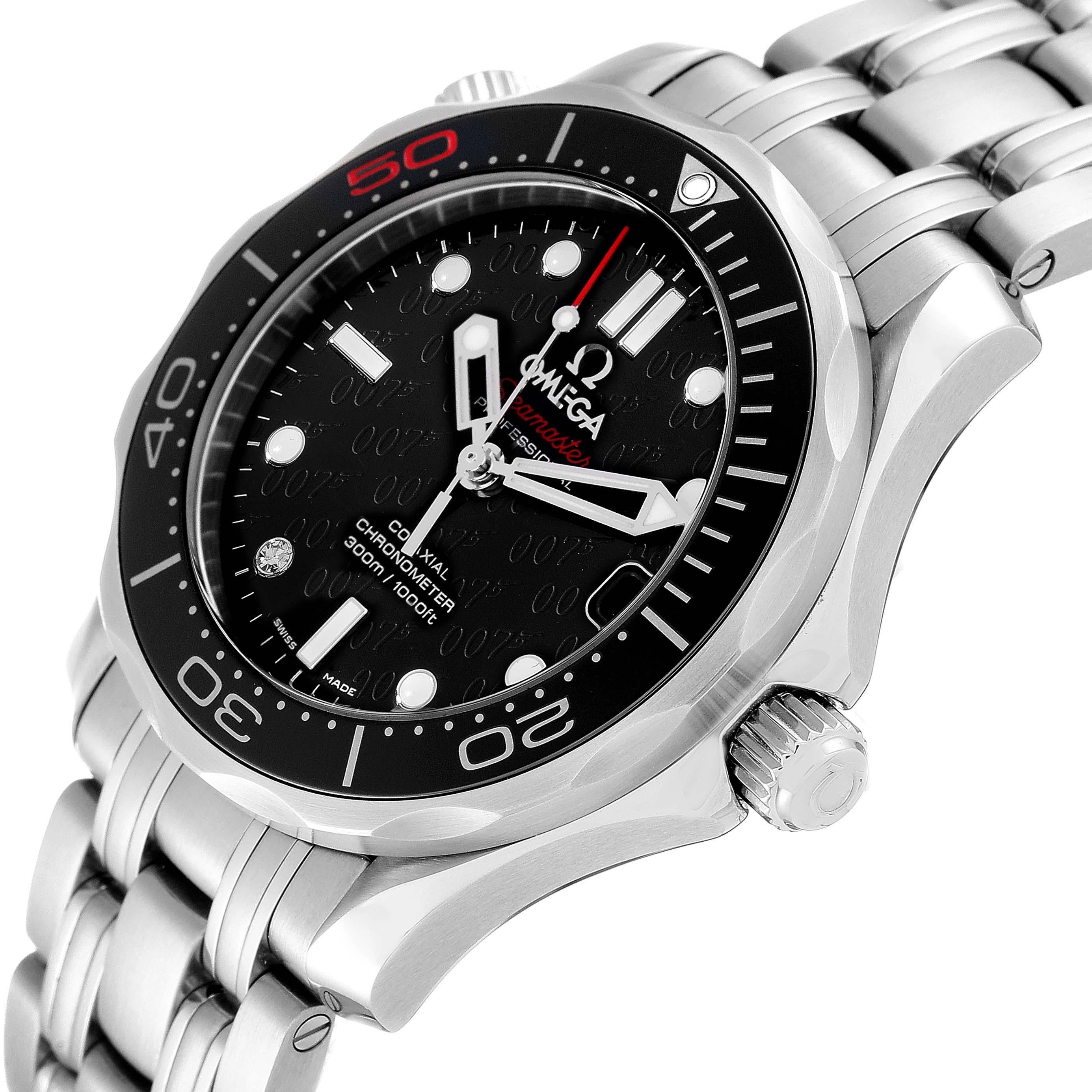 Omega Seamaster Midsize James Bond Limited Edition Mens Watch 212.30.36.20.51.001 Box Card. Automatic self-winding Co-Axial Escapement movement with rhodium-plated finish. Power reserve: 48 hours. Caliber 2507. Stainless steel case 36.25 mm in