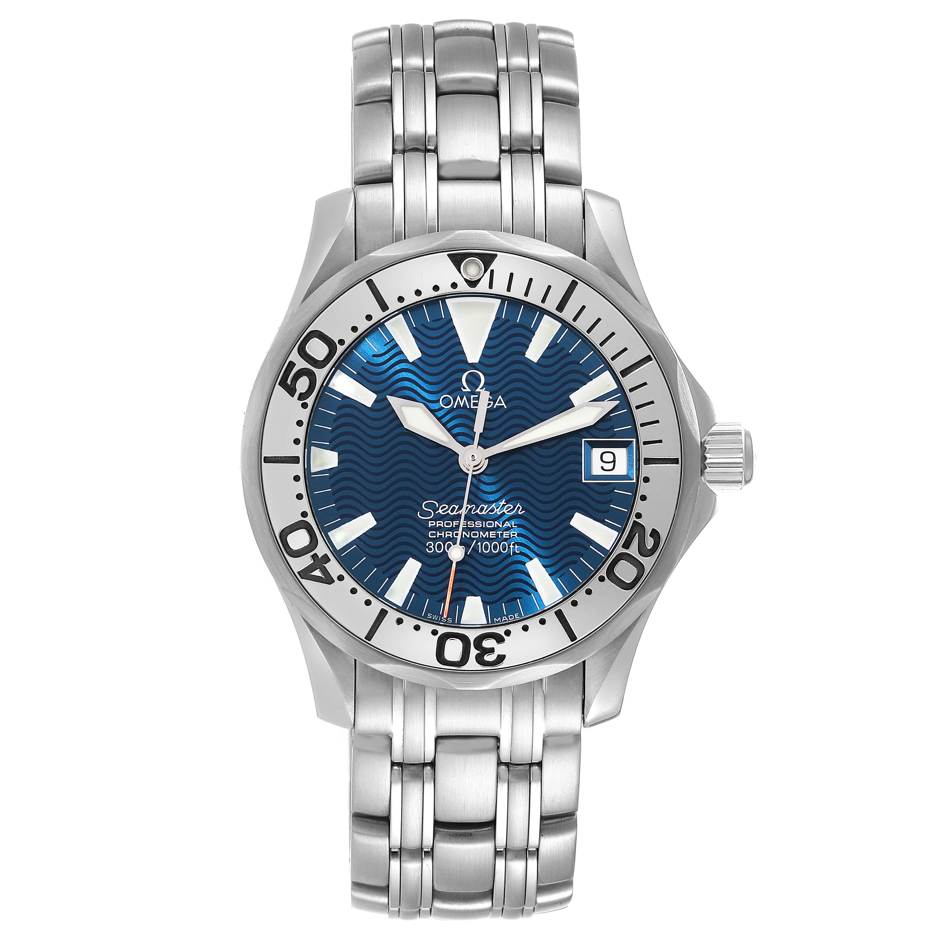 Omega Seamaster Midsize Steel Electric Blue Dial Mens Watch 2554.80.00. Automatic self-winding movement. Stainless steel round case 36.25 mm in diameter. Polished stainless steel unidirectional rotating bezel. Scratch resistant sapphire crystal.