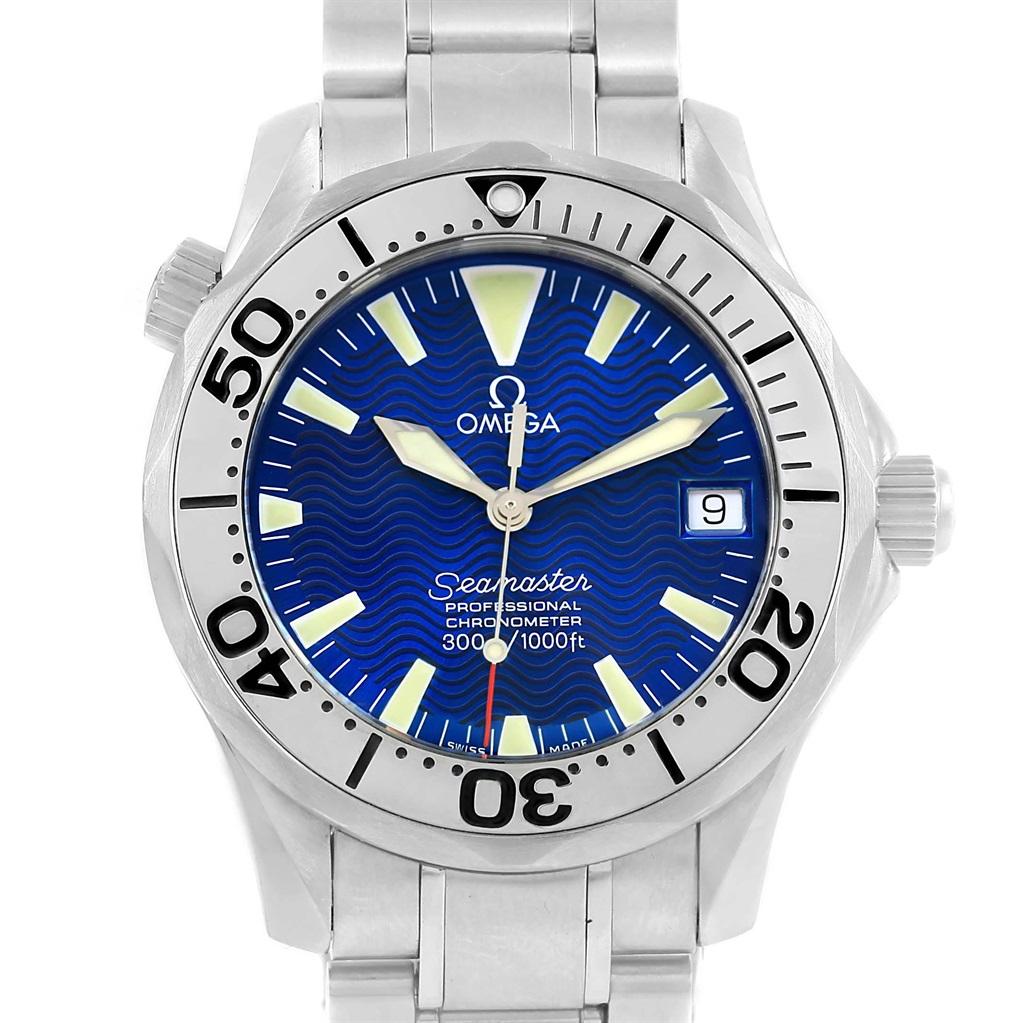 Omega Seamaster Midsize Steel Electric Blue Dial Watch 2554.80.00. Automatic self-winding movement. Stainless steel round case 36.25 mm in diameter. Stainless steel unidirectional rotating bezel. Scratch resistant sapphire crystal. Electric blue