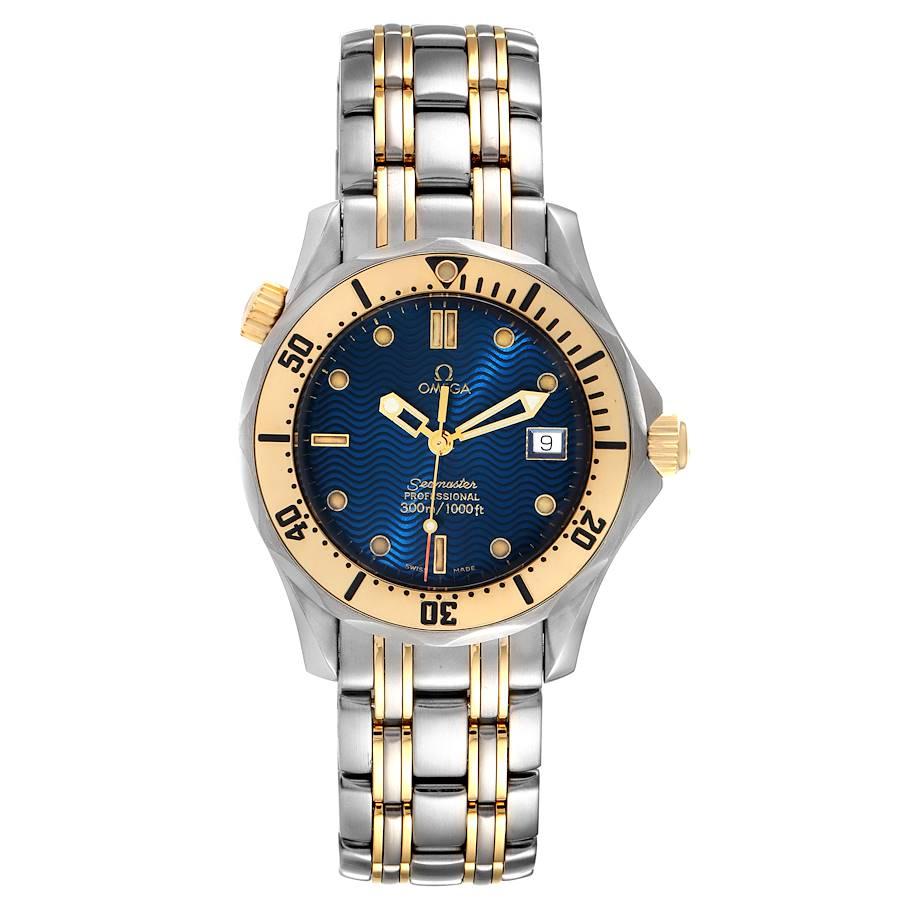 Omega Seamaster Midsize Steel Yellow Gold Blue Dial Mens Watch 2362.80.00. Quartz movement. Stainless steel and yellow gold case 36.25 mm in diameter. Omega logo on a crown. Stainless steel and yellow gold unidirectional rotating bezel. Scratch