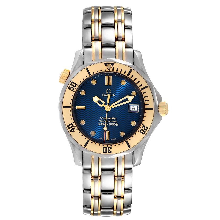 Omega Seamaster Midsize Stahl Gelbgold Blau Zifferblatt Herrenuhr 2362.80.00. Quarzwerk. Gehäuse aus Edelstahl und Gelbgold mit einem Durchmesser von 36,25 mm. Omega-Logo auf einer Krone. Unidirektionale Drehlünette aus Edelstahl und Gelbgold.
