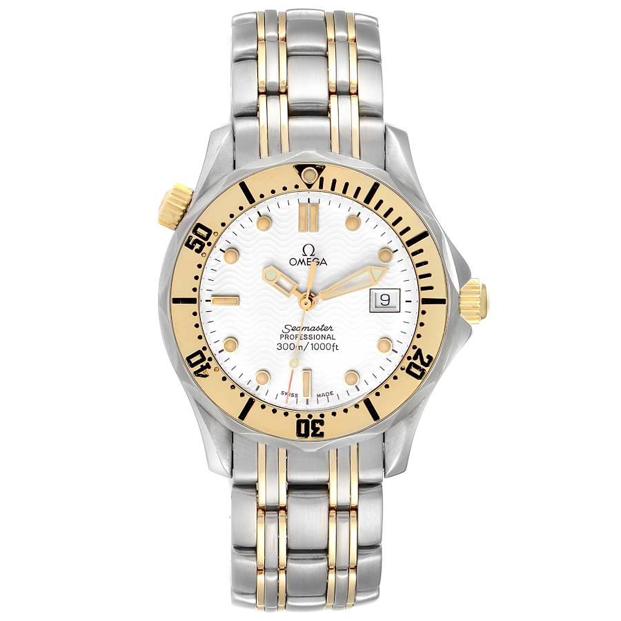 Omega Seamaster Midsize Stahl Gelbgold Weißes Zifferblatt Uhr 2342.20.00. Quarzwerk. Gehäuse aus Edelstahl und Gelbgold mit einem Durchmesser von 36,25 mm. Omega-Logo auf einer Krone. Unidirektionale Rotationslünette aus Edelstahl und Gelbgold.