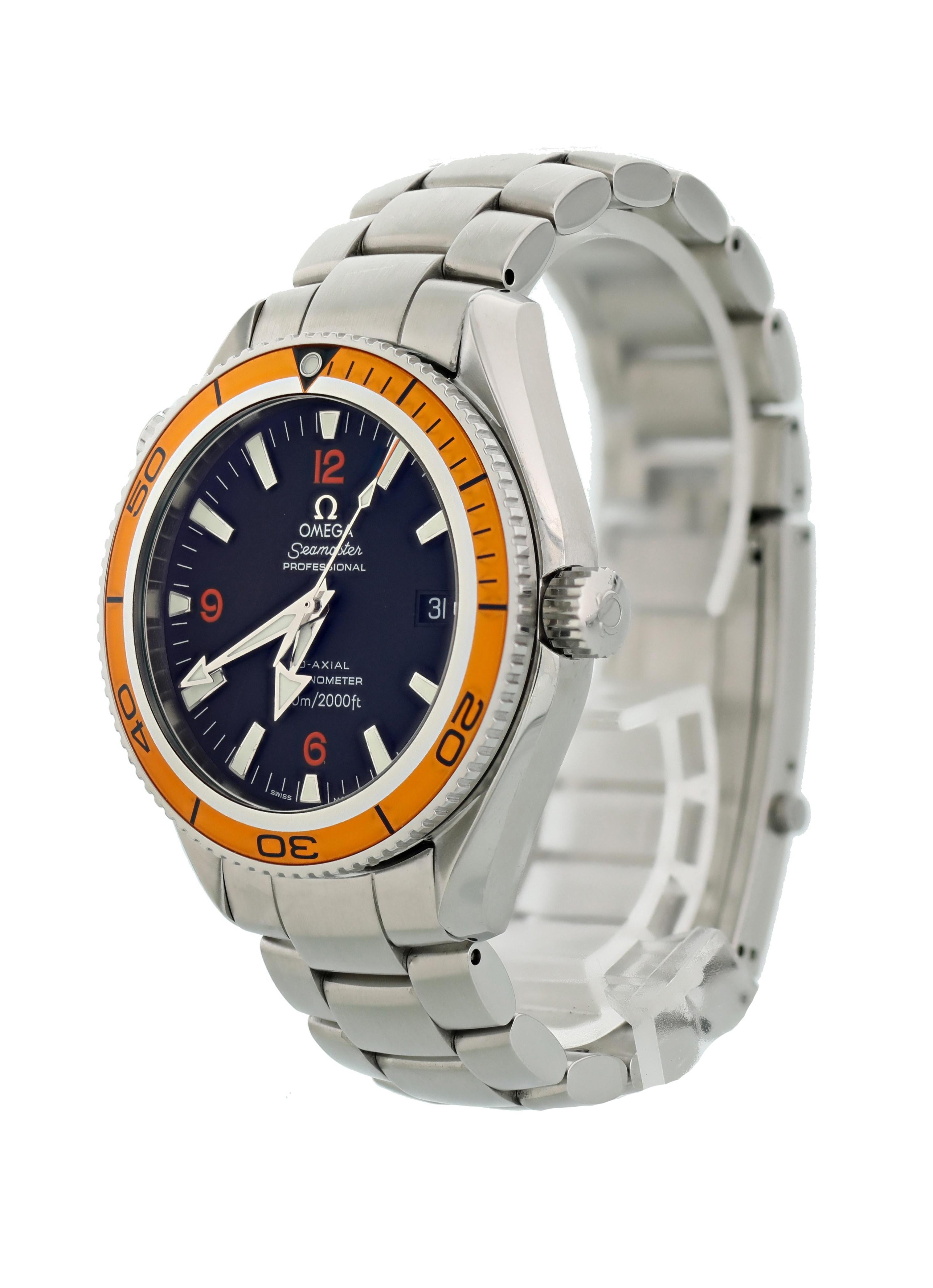 Omega Seamaster Planet Ocean 2209.50.00 Mens Watch. 39mm stainless steel case. Stainless steel unidirectional rotating bezel with Orange bezel insert. Helium escape valve at 10 o'clock position. Black dial with luminous steel hands and index hour