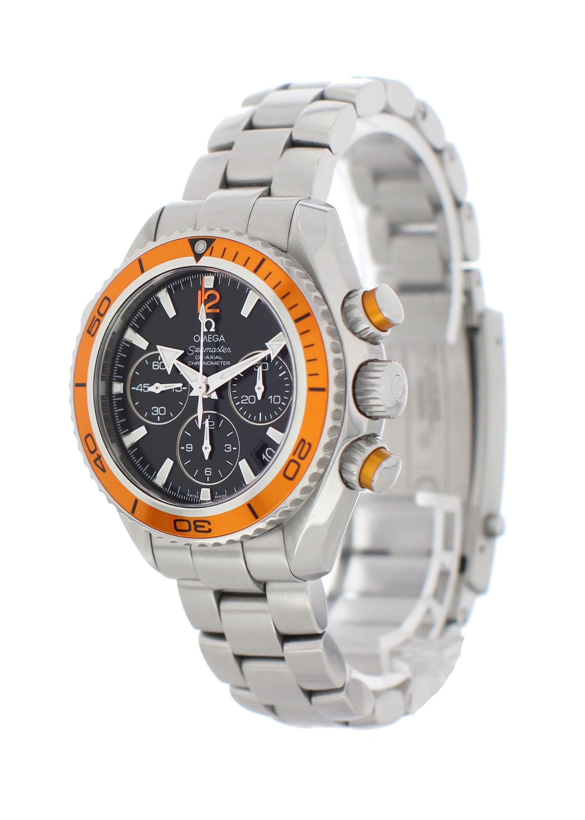 Omega Seamaster Planet Ocean 222.30.38.50.01.002 600M Co-Axial Watch. 38 mm Stainless Steel case with helium escape valve. Unidirectional rotating bezel with orange bezel insert. Black dial with steel luminous hands and indexes. Orange Arabic 12