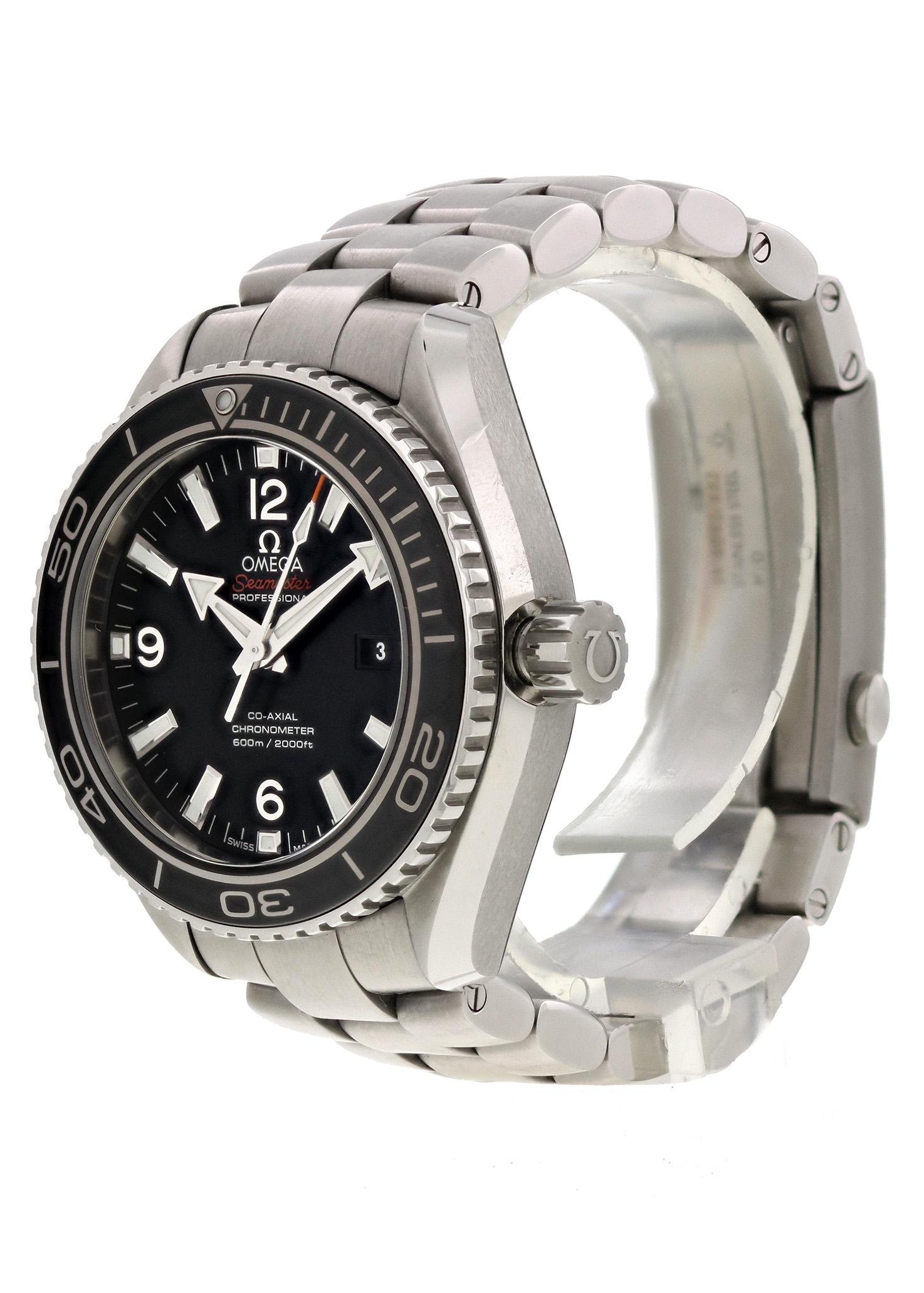 Omega Seamaster Planet Ocean 232.30.38.20.01.001 Men Watch. 
37.5mm Stainless Steel case. 
Stainless Steel Unidirectional bezel. 
Black dial with Luminous Steel hands and index hour markers. 
Minute markers on the outer dial. 
Date display at the 3