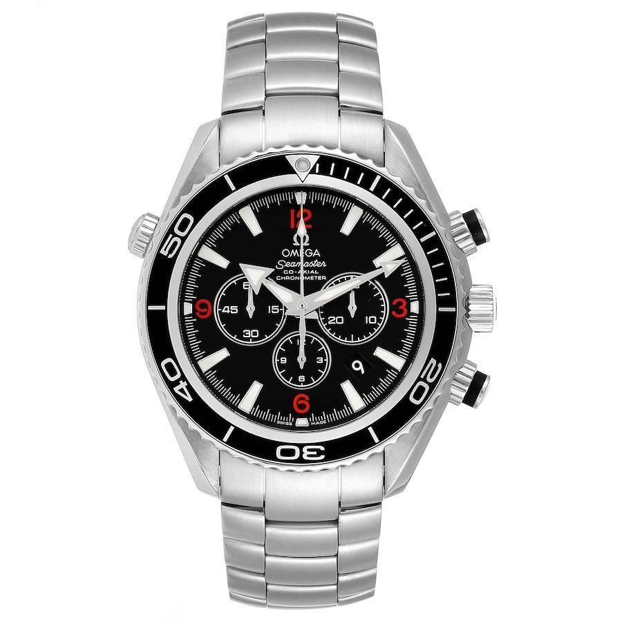 Omega Seamaster Planet Ocean 45.5 mm Chronograph Mens Watch 2210.51.00 Box Card. Automatic self-winding chronograph - chronometer movement. Stainless steel round case 45.0 mm in diameter. Helium Escapement Valve at the 10 o'clock position. Black