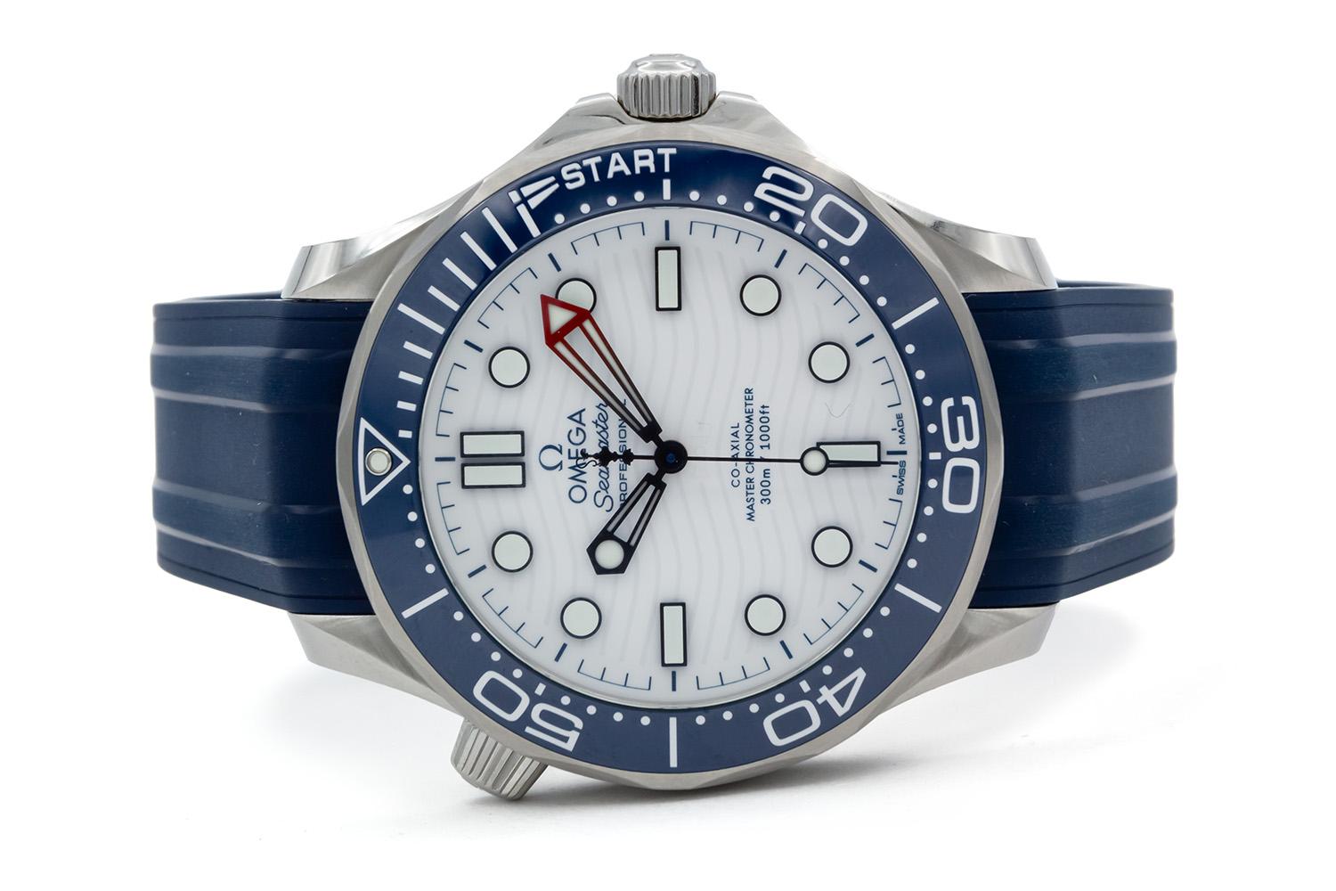 We are pleased to offer this 2024 Omega Seamaster Diver 300m America’s Cup Edition 210.32.42.20.04.002 complete with original Box & Papers. To celebrate OMEGA’s role as Official Timekeeper at the 37th America’s Cup, OMEGA produced this impressive