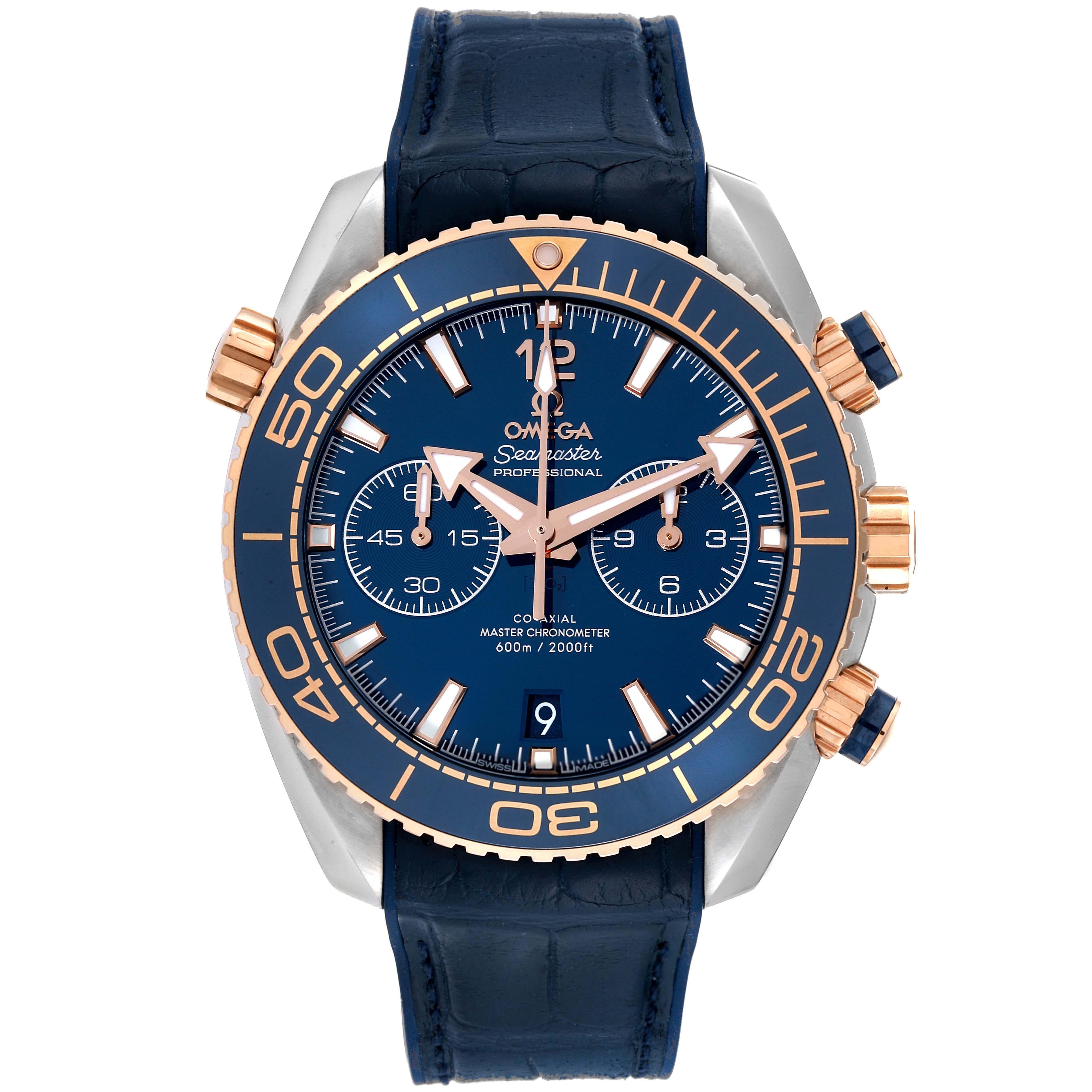 Omega Seamaster Planet Ocean 600m Co-Axial Steel Mens Watch 215.23.46.51.03.001 Box Card. Automatic self-winding chronograph - chronometer movement. Stainless steel and rose gold round case 45.5 mm in diameter. Helium Escapement Valve at the 10