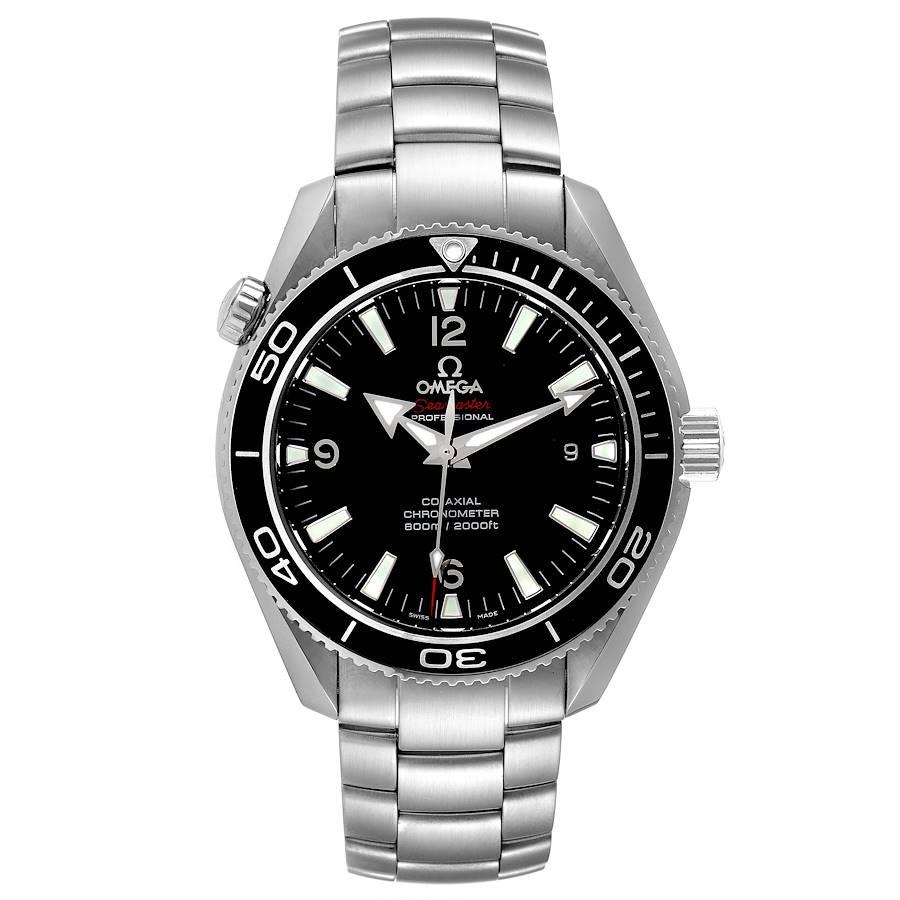 Omega Seamaster Planet Ocean 600M Mens Watch 222.30.42.20.01.001 Card. Automatic self-winding movement with Co-Axial escapement. Stainless steel round case 42 mm in diameter. Helium Escapement Valve at the 10 o'clock position. Black ceramic