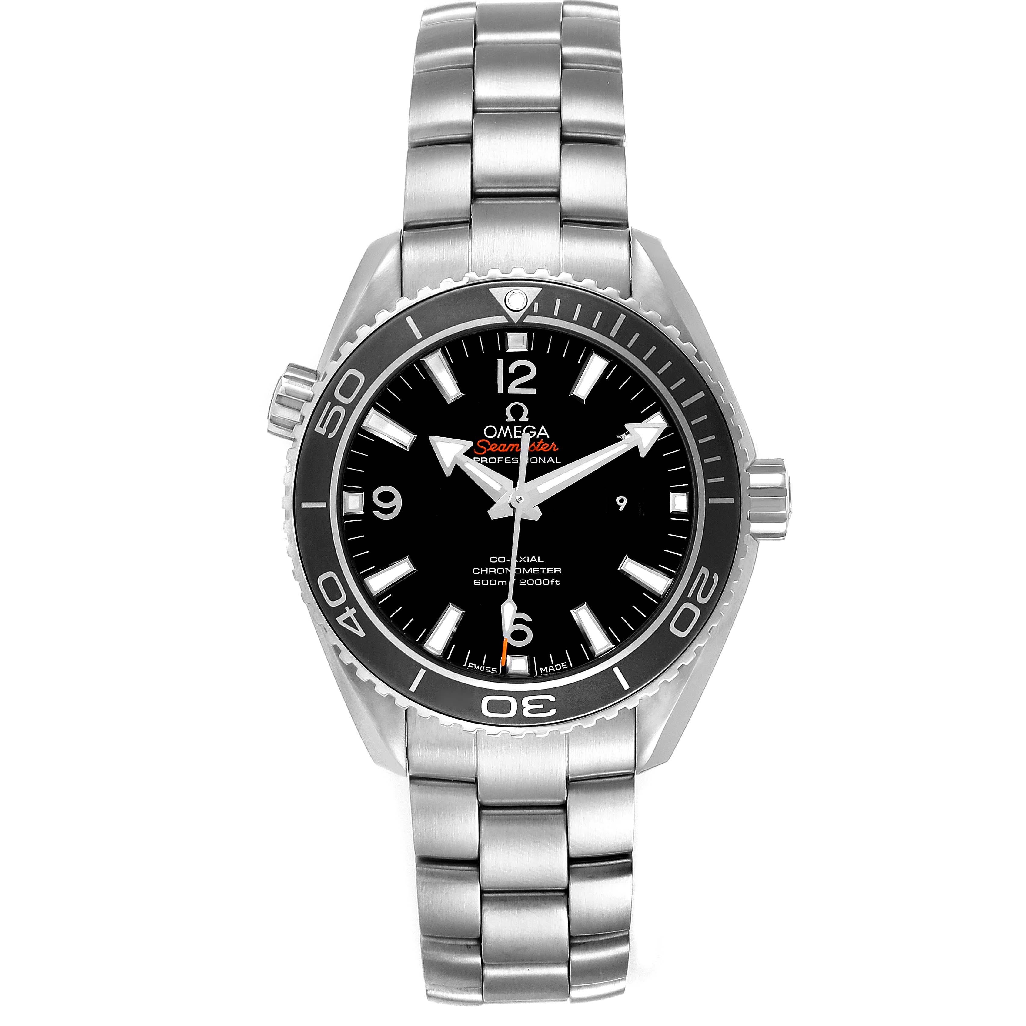 Omega Seamaster Planet Ocean 600m Steel Mens Watch 232.30.38.20.01.001 Box Card. Automatic self-winding chronometer movement with Co-Axial Escapement for greater precision, stability, and durability. Free sprung-balance, 2 barrels mounted in series,