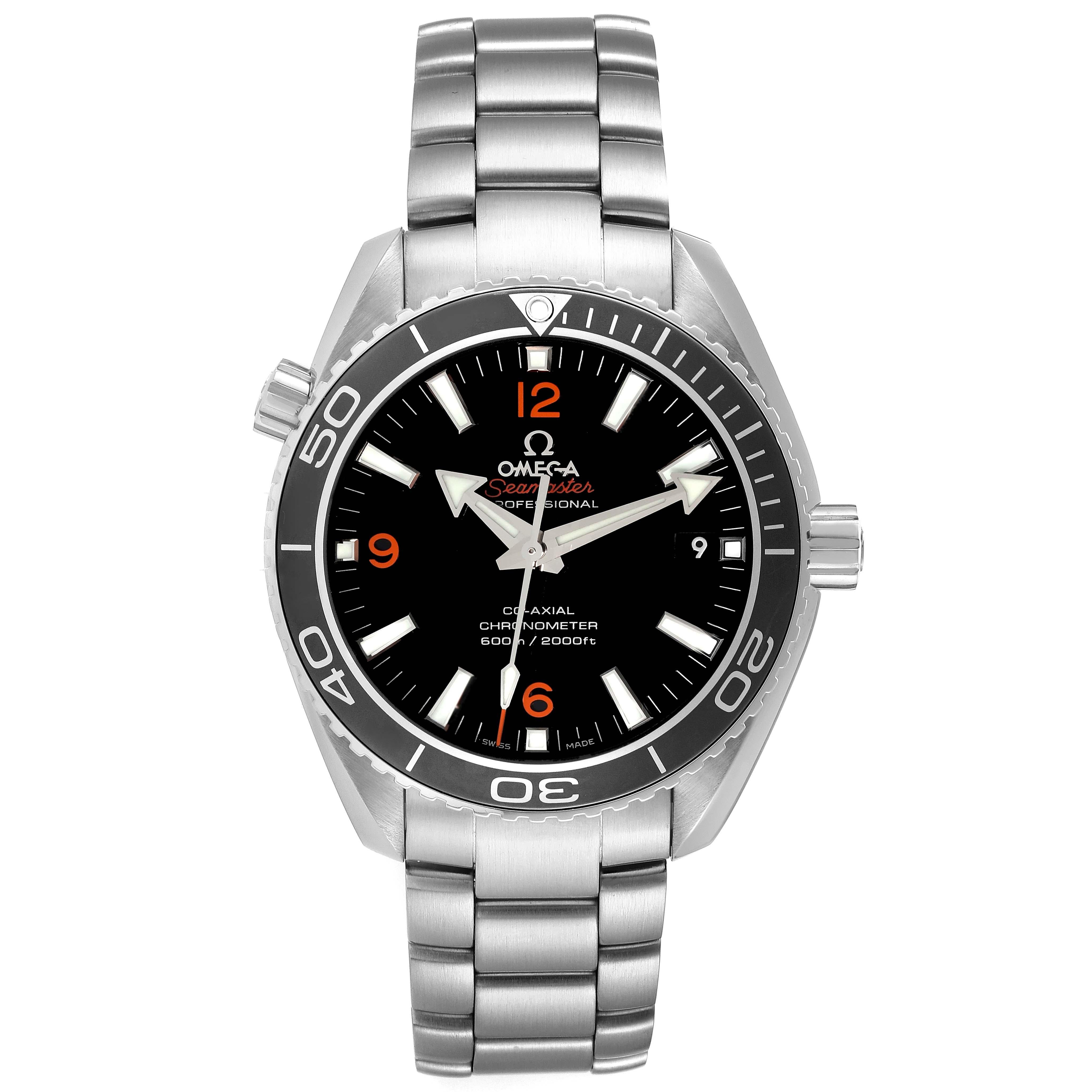 Omega Seamaster Planet Ocean 600M Steel Mens Watch 232.30.42.21.01.003 Box Card. Automatic self-winding chronometer movement. Stainless steel round case 42.0 mm in diameter. Helium Escapement Valve at the 10 o'clock position. Black uni-directional