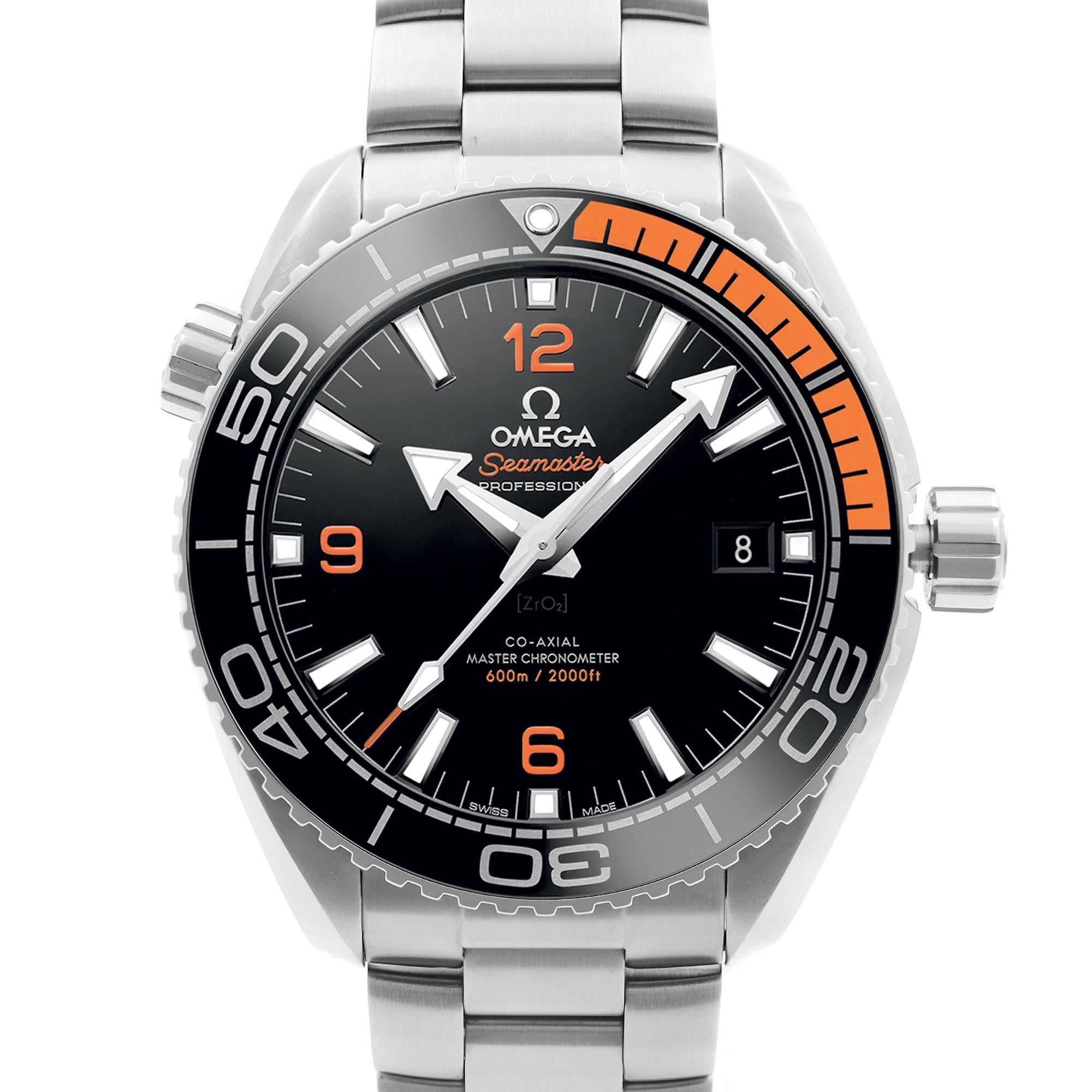 Display Model Omega Seamaster Planet Ocean Automatic Men's Watch 215.30.44.21.01.002 This Beautiful Timepiece Features Stainless Steel Case and Bracelet,  Rotating Coin Edge Stainless Steel Bezel with a Black and Orange Ceramic Top Ring, Black Dial