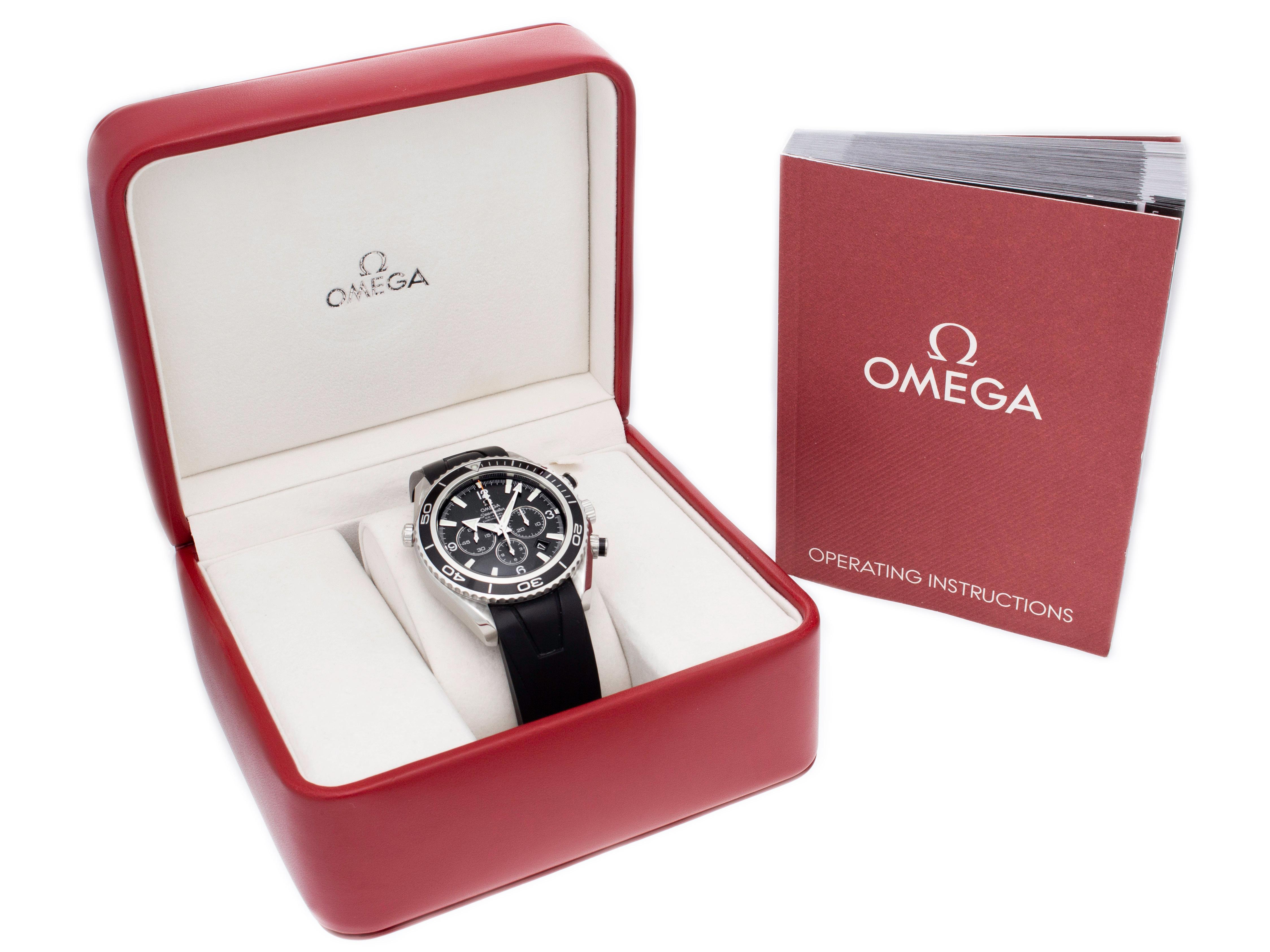 Omega Seamaster Planet Ocean Chrono XL 2910.50.81 watch, water resistant to 600m, with date and black rubber strap. Comes with Omega box & manual.

Watch	
Brand:	Omega
Series:	Seamaster Planet Ocean Chrono XL
Model