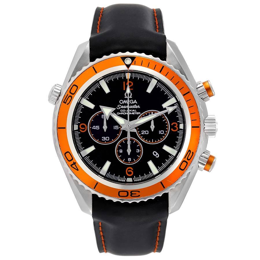 Omega Seamaster Planet Ocean Chronograph Mens Watch 2918.50.82 Box Card. Automatic self-winding chronograph - chronometer movement. Stainless steel round case 45.0 mm in diameter. Helium Escapement Valve at the 10 o'clock position. Orange