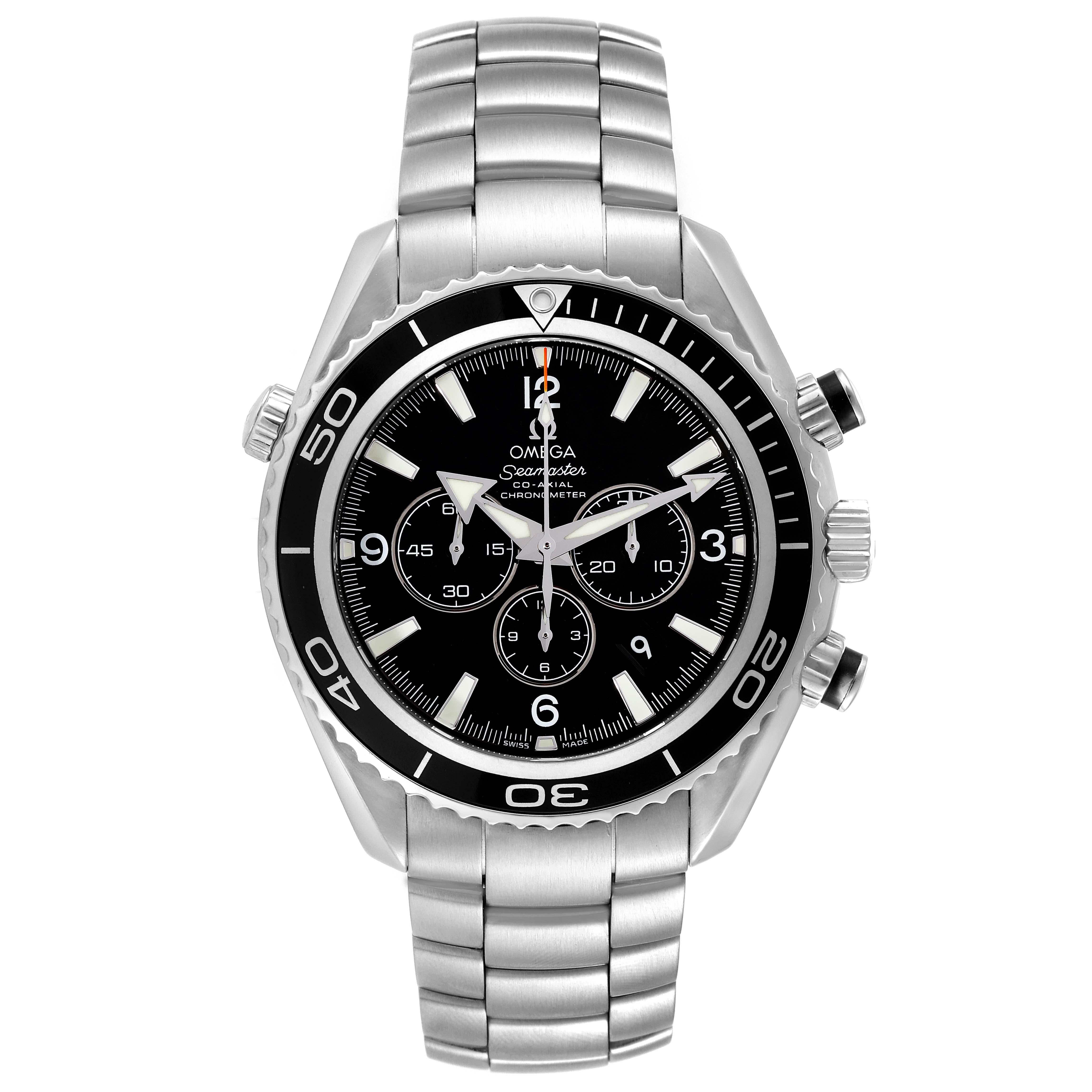 Omega Seamaster Planet Ocean Chronograph Steel Mens Watch 2210.50.00 Box Card. Automatic self-winding chronograph - chronometer movement. Stainless steel round case 45.0 mm in diameter. Helium Escapement Valve at the 10 o'clock position. Black