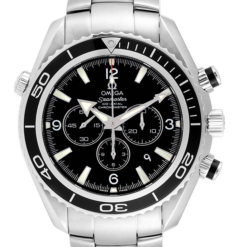 Omega Seamaster Planet Ocean Chronograph Watch 2210.50.00 Card. Automatic self-winding chronograph - chronometer movement. Stainless steel round case 45.0 mm in diameter. Helium Escapement Valve at the 10 o'clock position. Black uni-directional