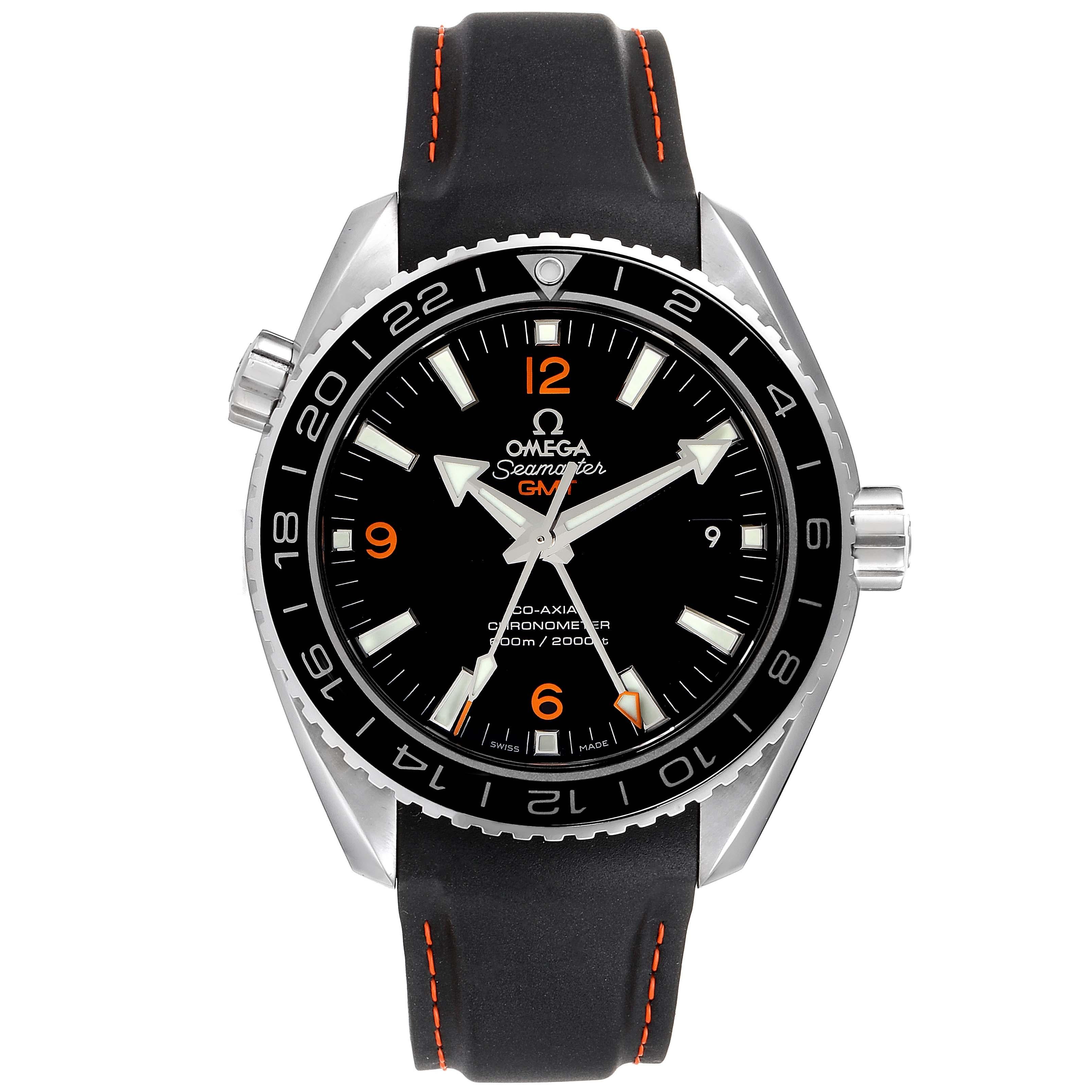 Omega Seamaster Planet Ocean GMT 600m Steel Mens Watch 232.32.44.22.01.002 Box Card. Automatic self-winding chronometer movement with Co-Axial Escapement for greater precision, stability and durability. GMT with time zone function. Silicon