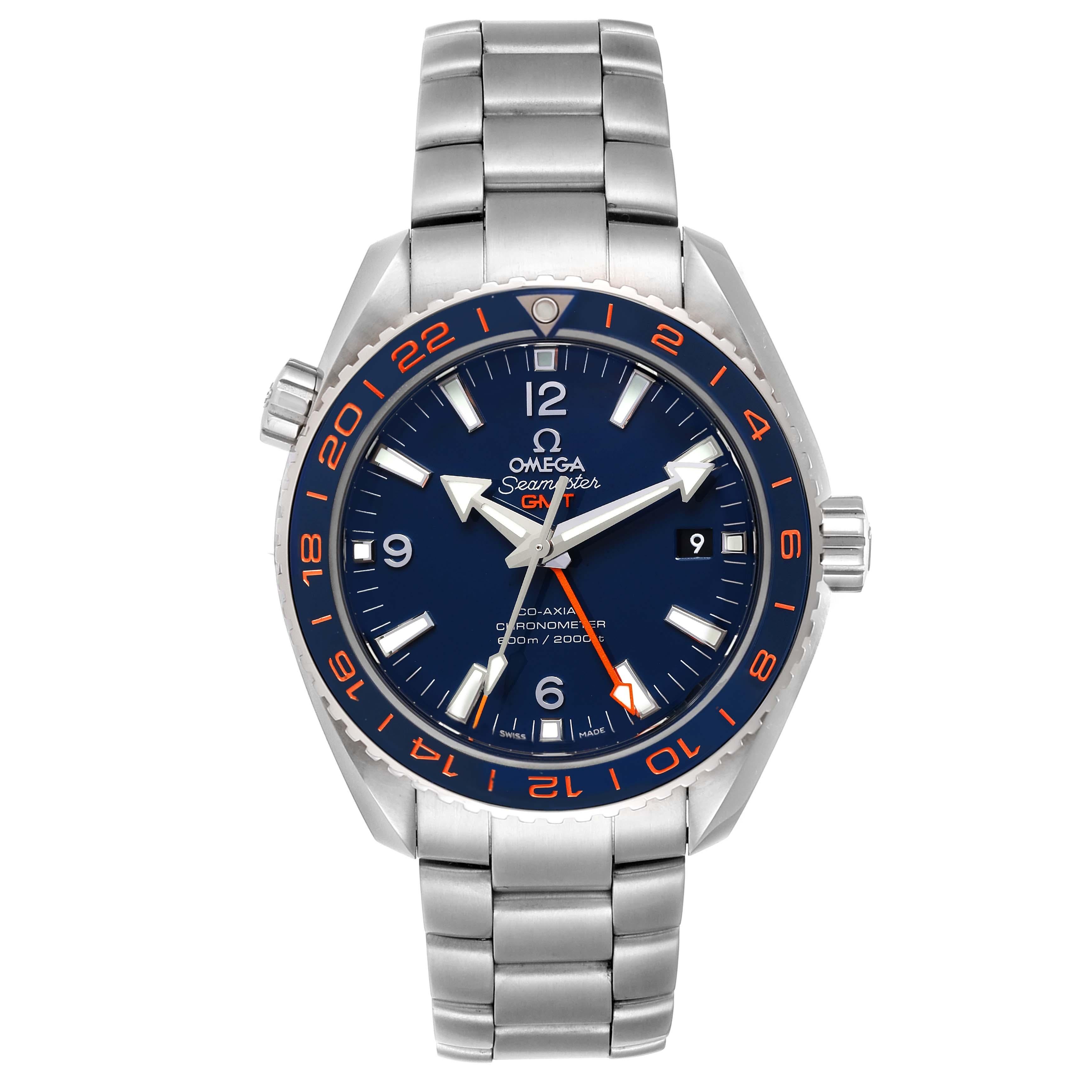 Omega Seamaster Planet Ocean GMT GoodPlanet Mens Watch 232.30.44.22.03.001. Automatic self-winding chronometer movement. GMT with time zone function. Silicon balance-spring on free sprung-balance, 2 barrels mounted in series, automatic winding in