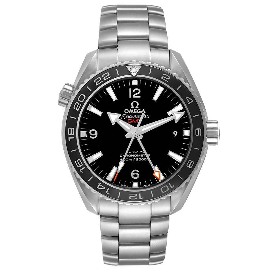 Omega Seamaster Planet Ocean GMT Steel Mens Watch 232.30.44.22.01.001 Box Card. Automatic self-winding chronometer movement with Co-Axial Escapement for greater precision, stability and durability. GMT with time zone function. Silicon balance-spring