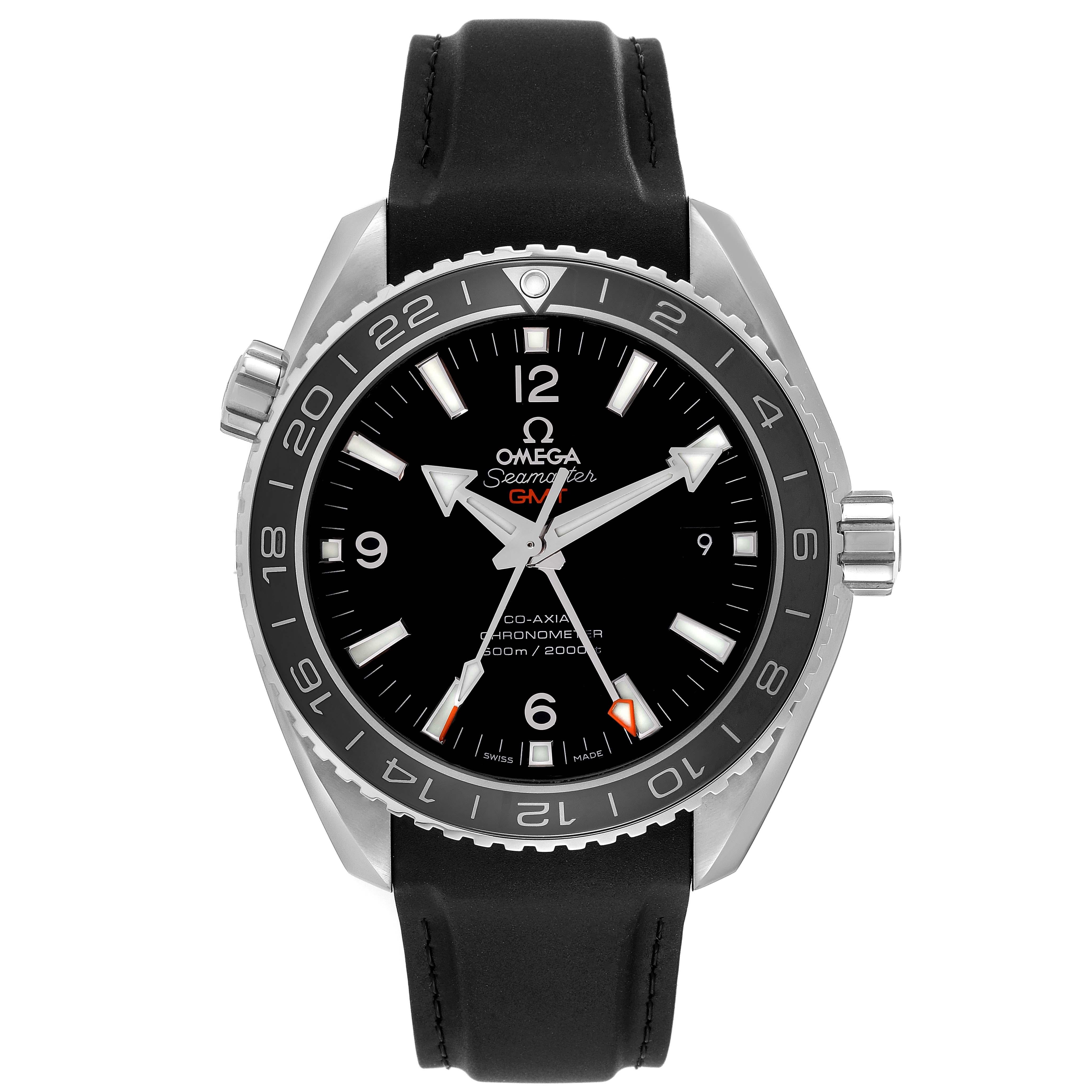 Omega Seamaster Planet Ocean GMT Steel Mens Watch 232.32.44.22.01.001 Box Card. Automatic self-winding chronometer movement with Co-Axial Escapement for greater precision, stability, and durability. GMT with time zone function. Silicon