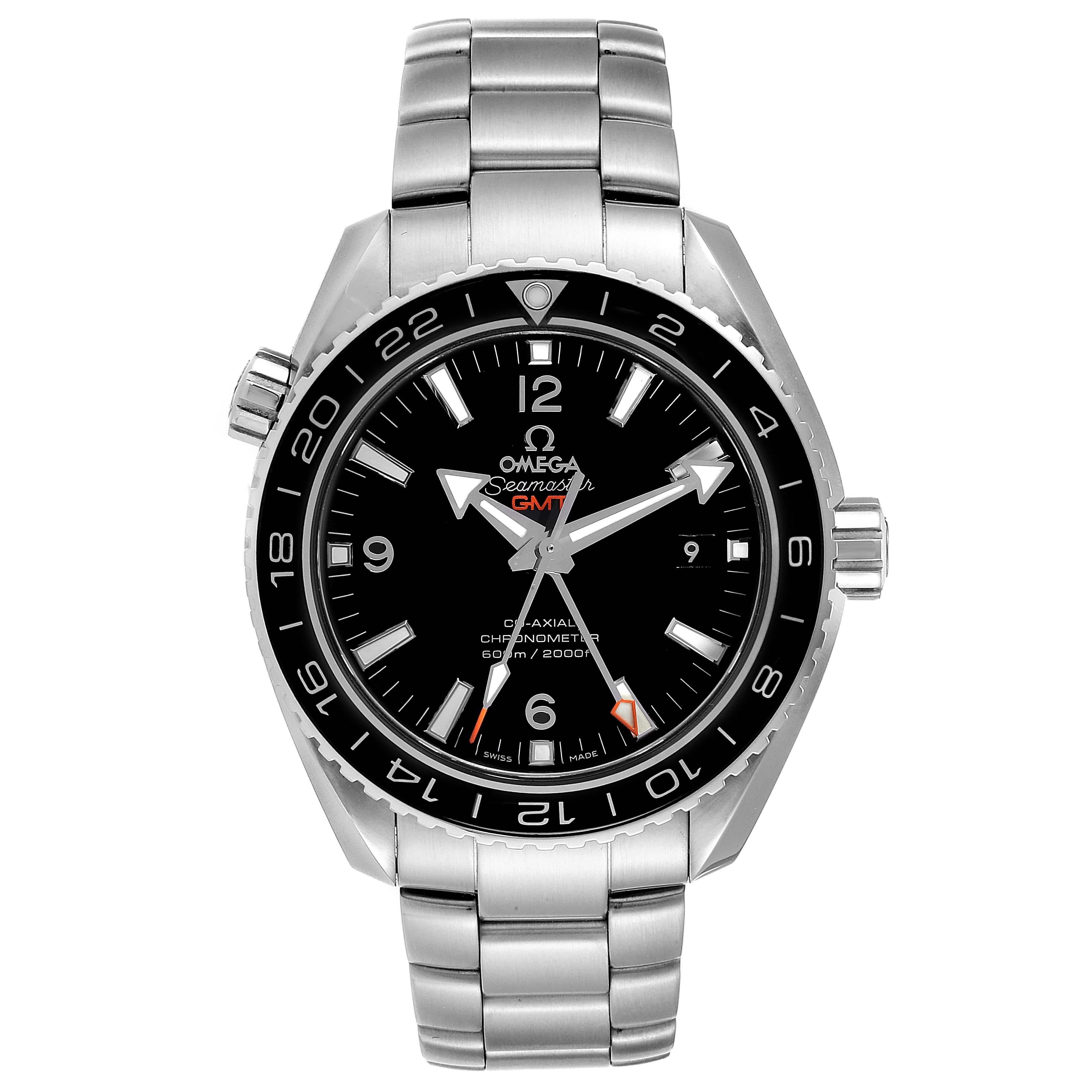 Omega Seamaster Planet Ocean GMT Watch 232.30.44.22.01.001 Box Card. Automatic self-winding chronometer movement with Co-Axial Escapement for greater precision, stability and durability. GMT with time zone function. Silicon balance-spring on free