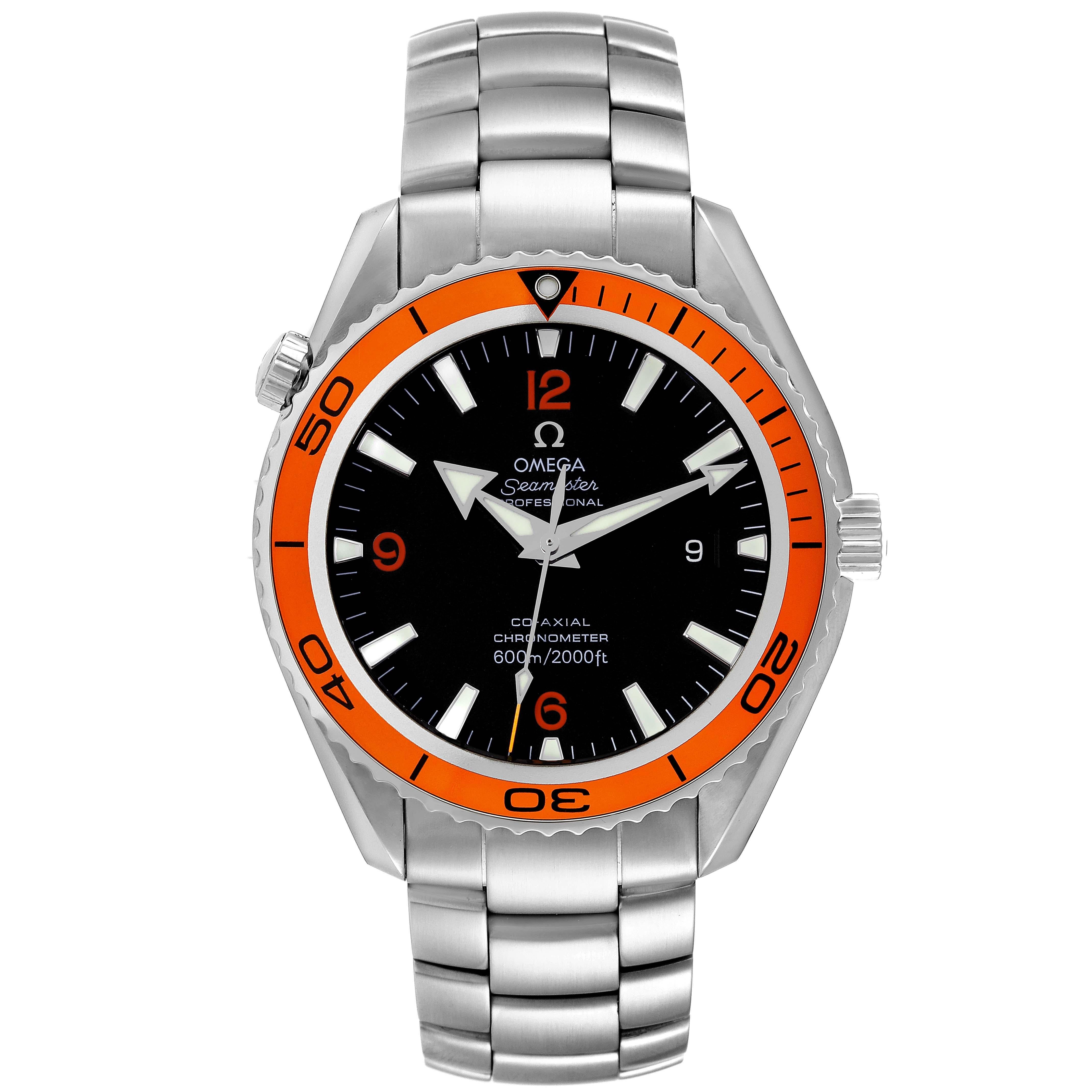 Omega Seamaster Planet Ocean Orange Bezel Steel Mens Watch 2208.50.00 Box Card. Automatic self-winding movement. Stainless steel round case 45.0 mm in diameter. Orange uni-directional rotating bezel. Scratch resistant sapphire crystal. Black dial