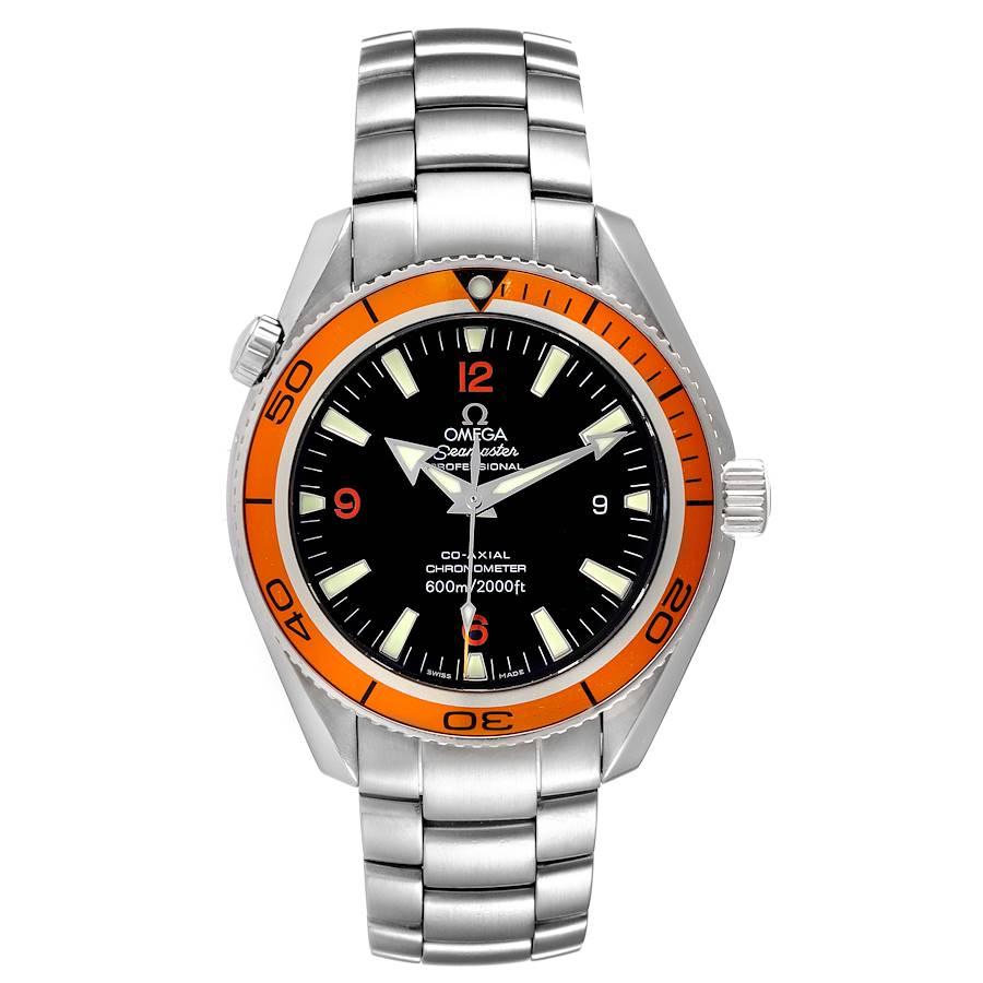 Omega Seamaster Planet Ocean Orange Bezel Steel Mens Watch 2209.50.00 Box Card. Automatic self-winding chronograph movement. Stainless steel round case 42.0 mm in diameter. Orange uni-directional rotating bezel. Scratch resistant sapphire crystal.