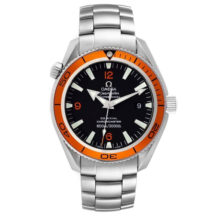 Omega Seamaster Planet Ocean Orange Bezel Steel Mens Watch 2209.50.00 Card. Automatic self-winding chronograph movement. Stainless steel round case 42.0 mm in diameter. Orange uni-directional rotating bezel. Scratch resistant sapphire crystal. Black
