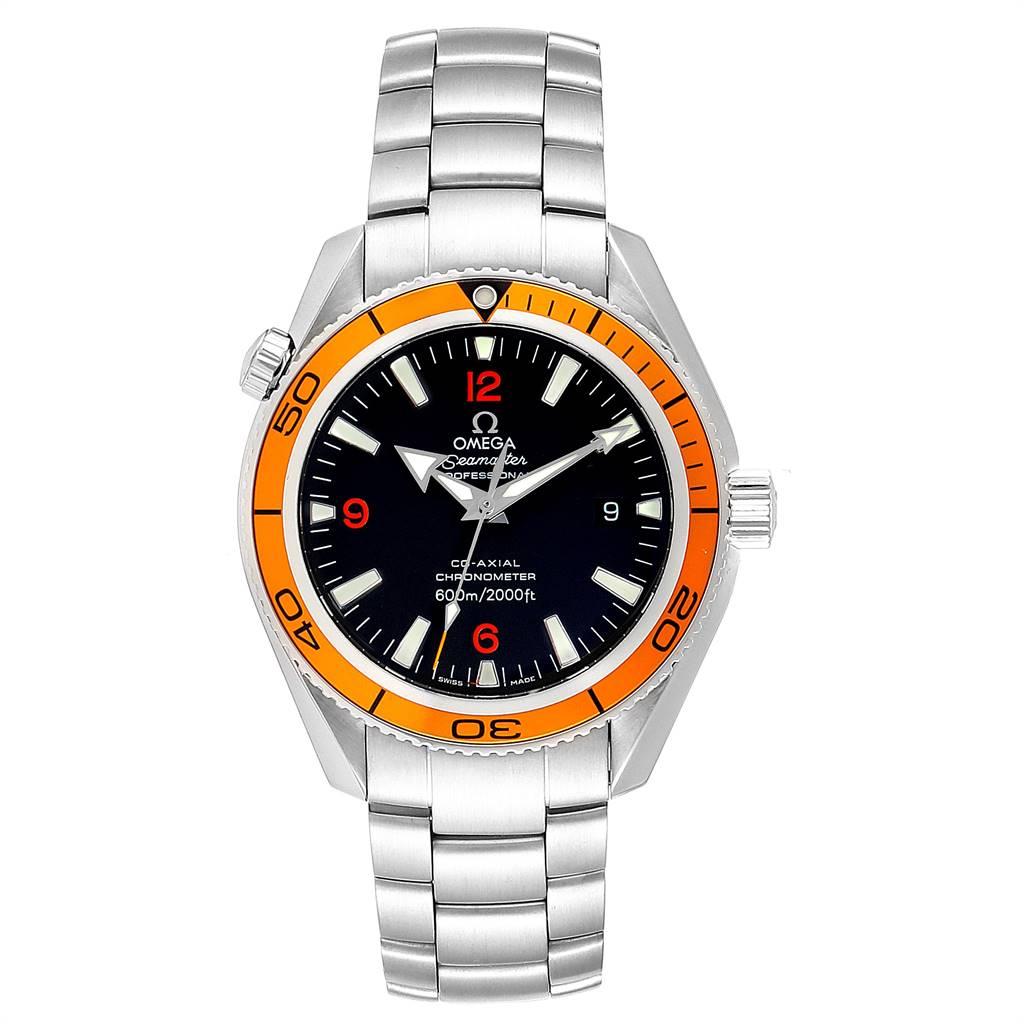 Omega Seamaster Planet Ocean Orange Bezel Steel Mens Watch 2209.50.00. Automatic self-winding chronograph movement. Stainless steel round case 42.0 mm in diameter. Orange uni-directional rotating bezel. Scratch resistant sapphire crystal. Black dial