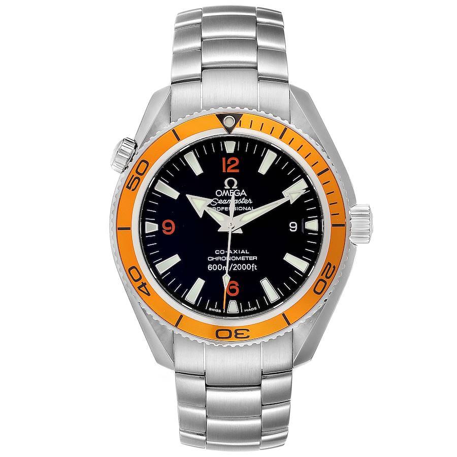 Omega Seamaster Planet Ocean Orange Bezel Steel Mens Watch 2209.50.00. Automatic self-winding chronograph movement. Stainless steel round case 42.0 mm in diameter. Orange uni-directional rotating bezel. Scratch resistant sapphire crystal. Black dial