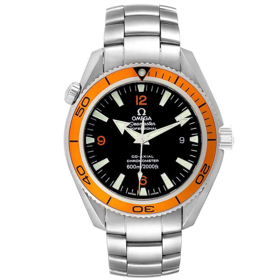 Omega Seamaster Planet Ocean Orange Bezel Steel Mens Watch 2209.50.00. Automatic self-winding chronograph movement. Stainless steel round case 42.0 mm in diameter. Orange uni-directional rotating bezel. Scratch resistant sapphire crystal. Black dial