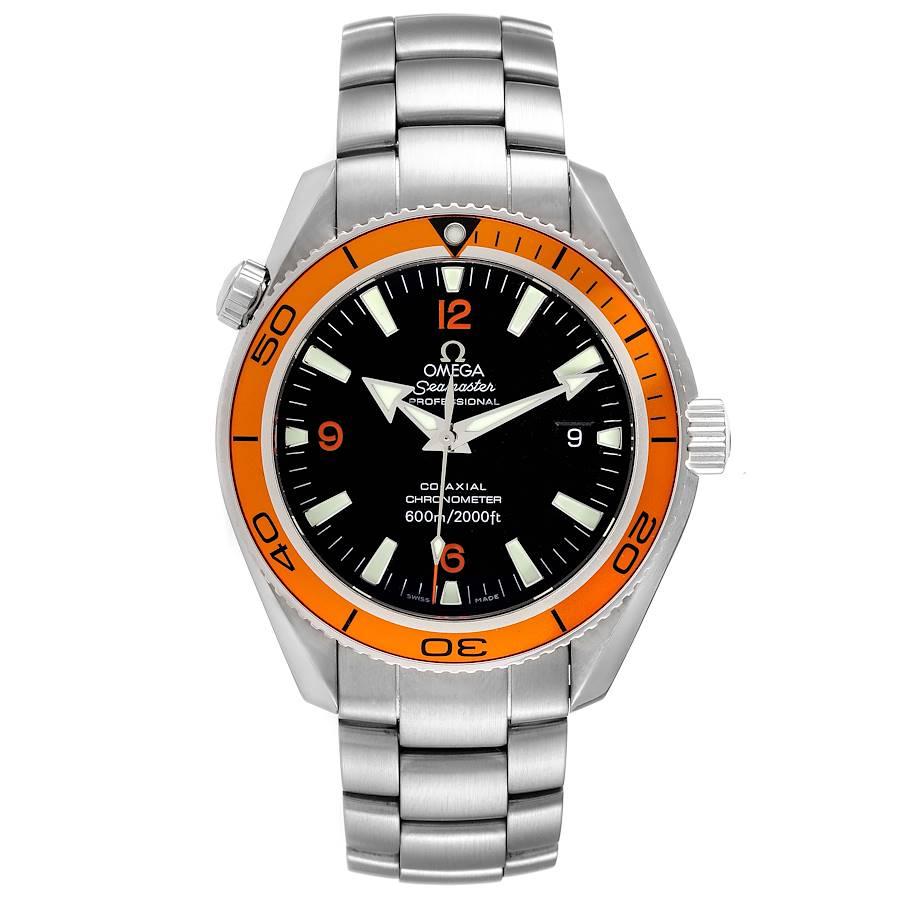 Omega Seamaster Planet Ocean Orange Bezel Steel Mens Watch 2209.50.00. Automatic self-winding chronograph movement. Stainless steel round case 42.0 mm in diameter. Orange uni-directional rotating bezel. Scratch resistant sapphire crystal. Black dial