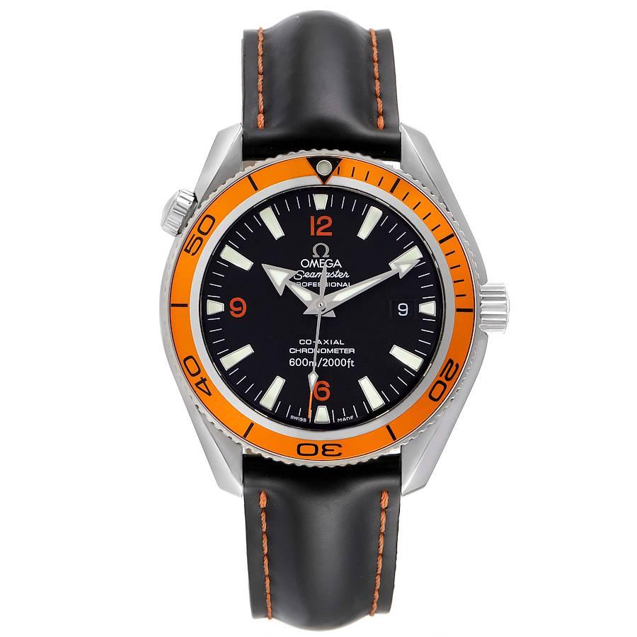 Omega Seamaster Planet Ocean Orange Bezel Steel Watch 2209.50.00. Automatic self-winding movement. Stainless steel round case 42.0 mm in diameter. Orange uni-directional rotating bezel. Scratch resistant sapphire crystal. Black dial with luminescent