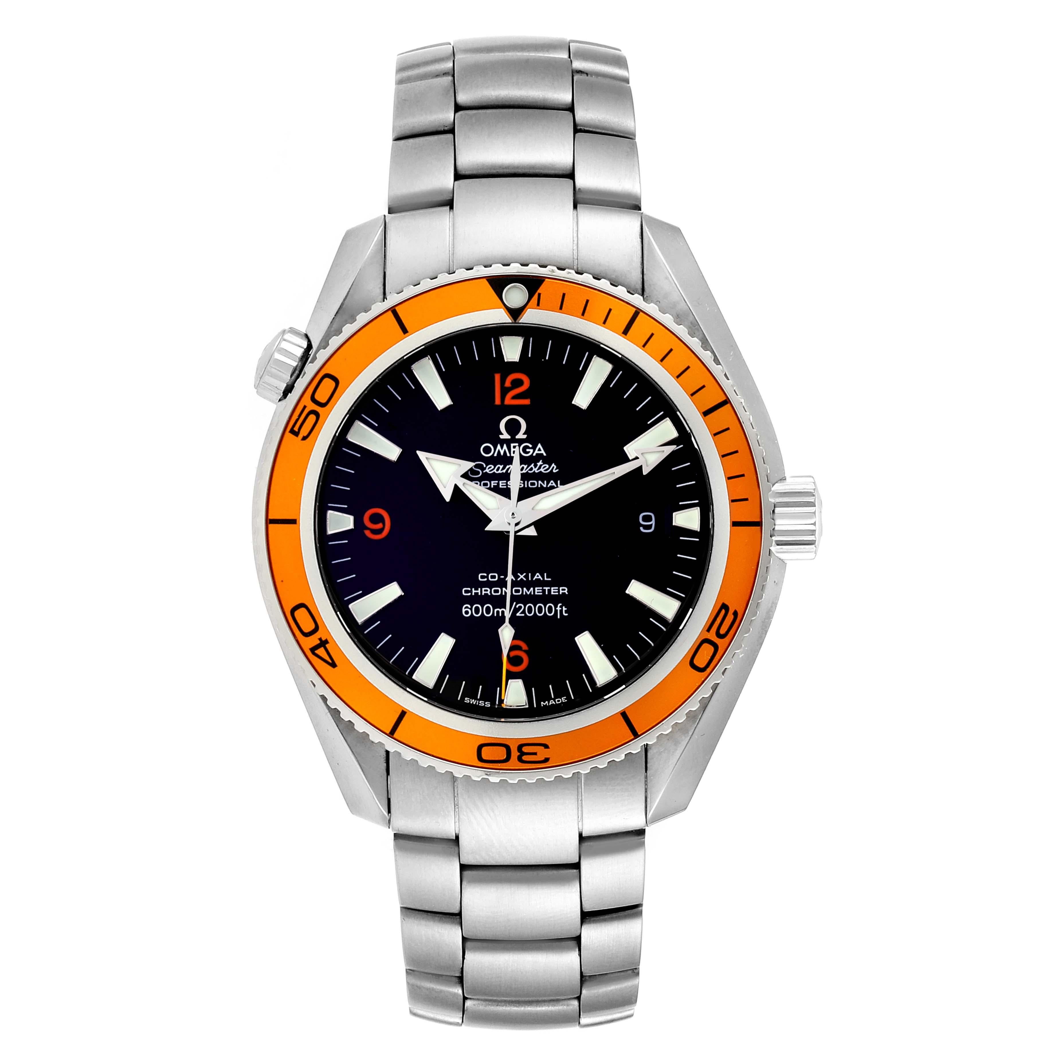 Omega Seamaster Planet Ocean Orange Bezel Watch 2209.50.00 Card. Automatic self-winding chronograph movement. Stainless steel round case 42.0 mm in diameter. Orange uni-directional rotating bezel. Scratch resistant sapphire crystal. Black dial with